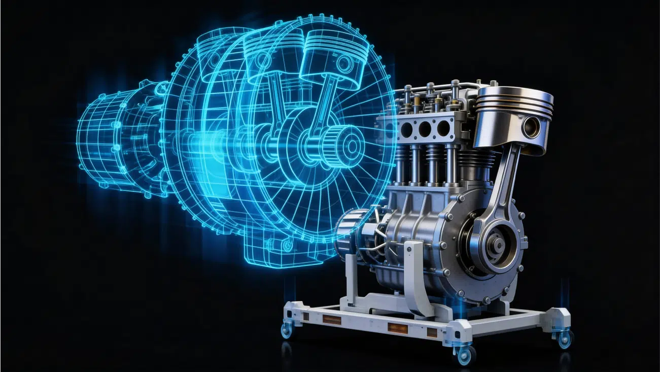 Industrial engine shown as a physical asset with a digital twin wireframe overlay