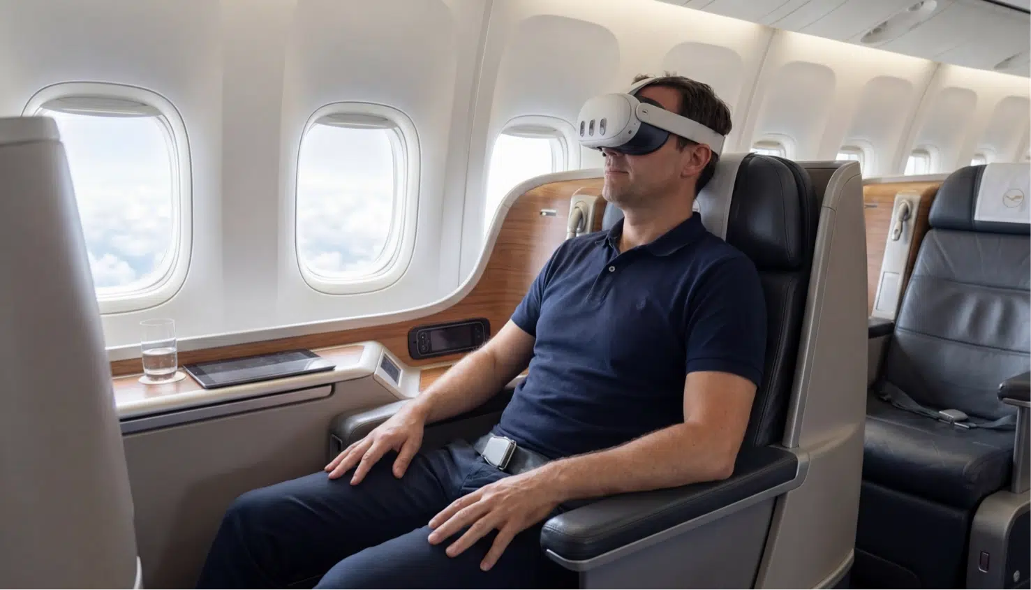 A man wearing a meta quest 3 inside an airplane