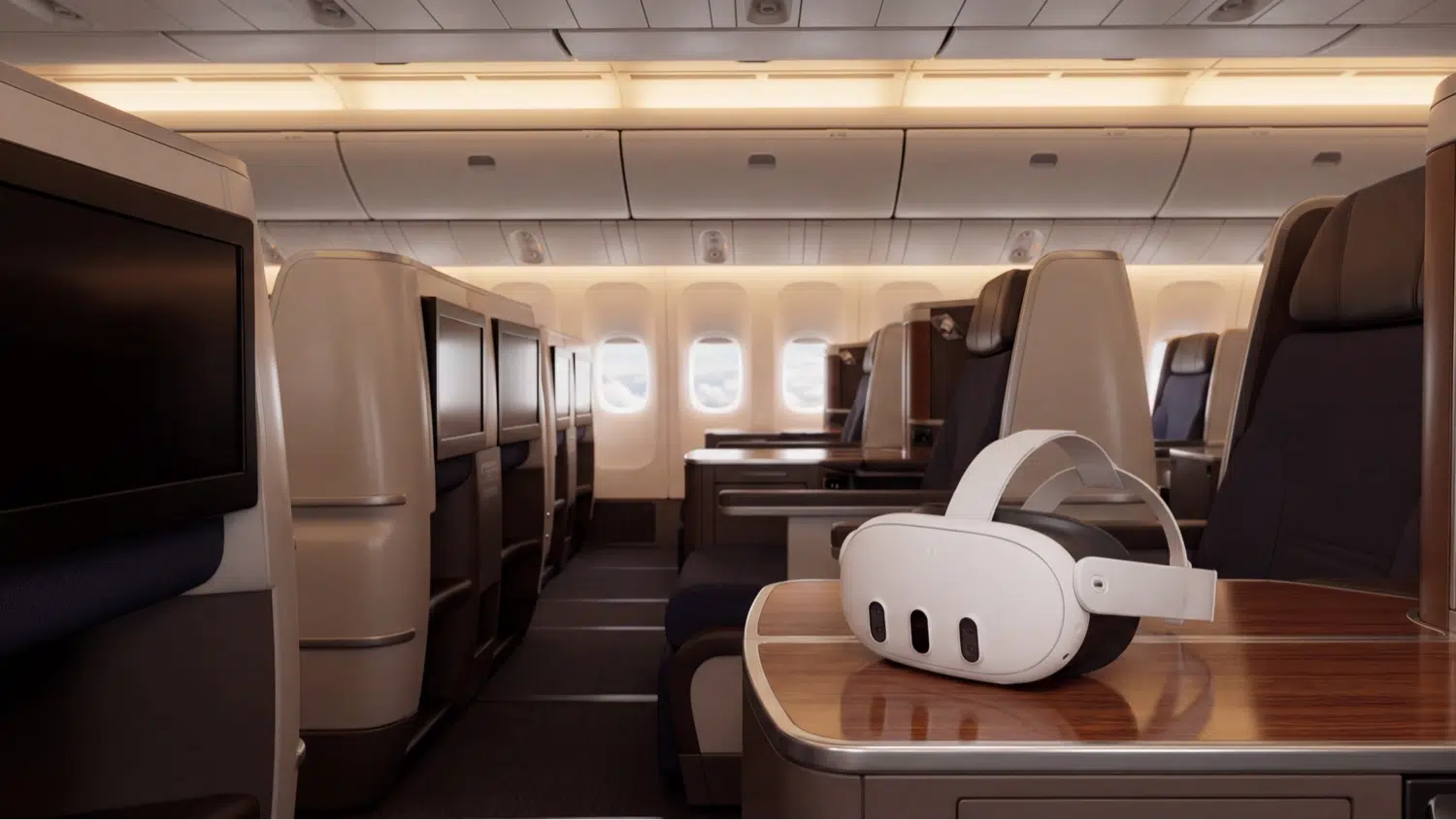 A meta quest on inside an airline cabin