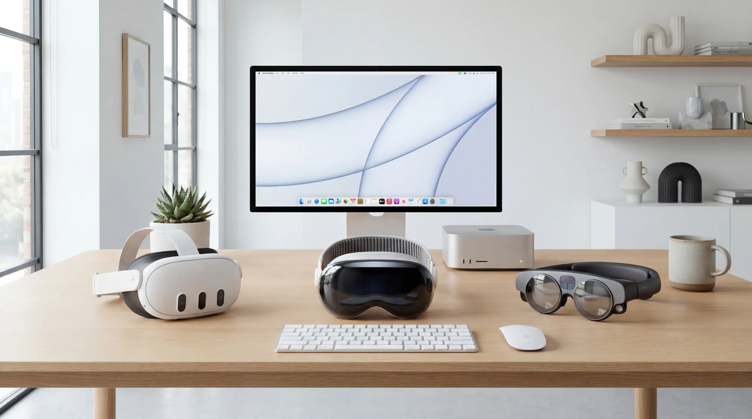 a magic leap, meta quest and vision pro headset on a desk