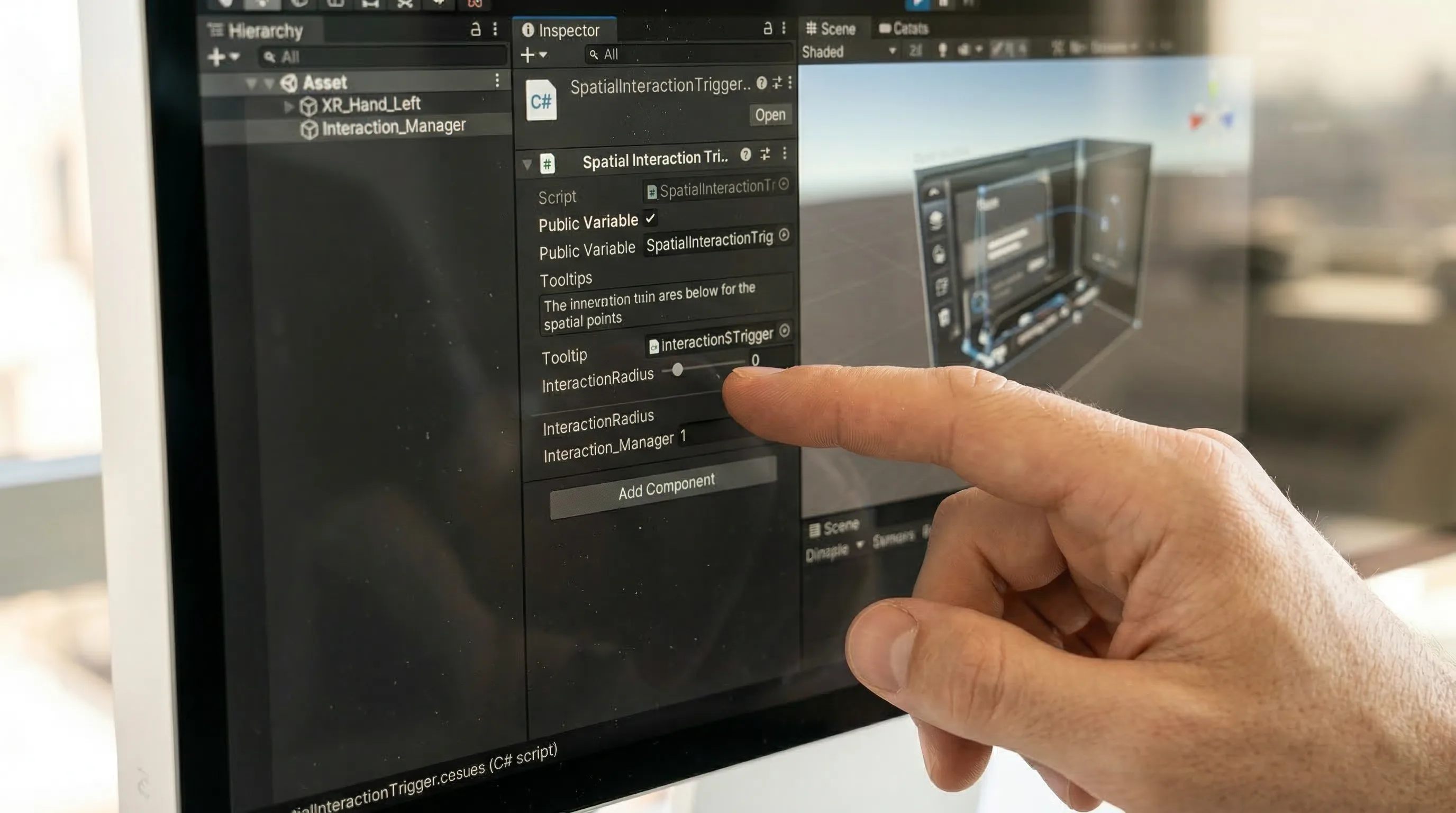 Photorealistic shot of a developer wearing an Apple Vision Pro, with complex code reflected on the headset’s glass front.