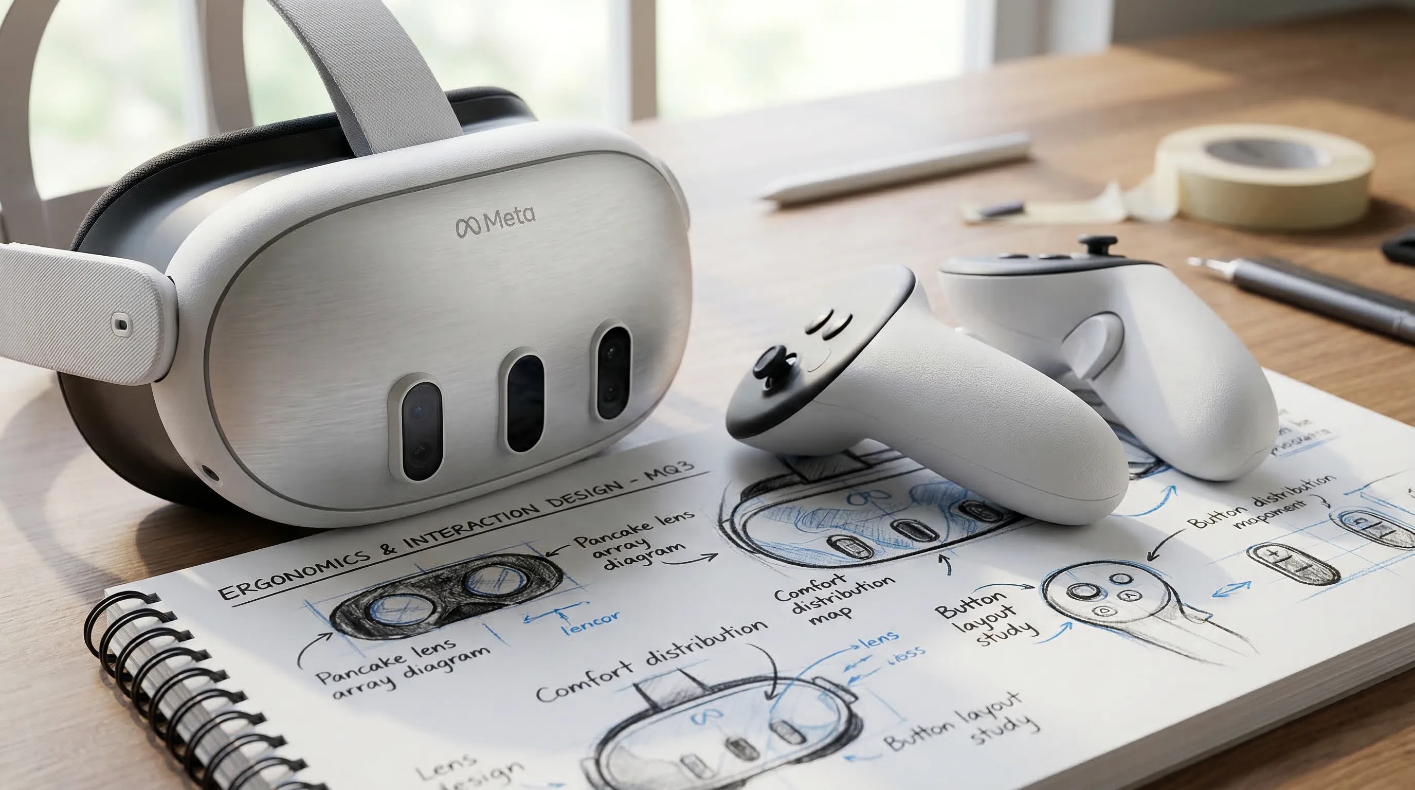 A developer wearing an Apple Vision Pro headset works at a modern desk with a reflection of code on the front plate.