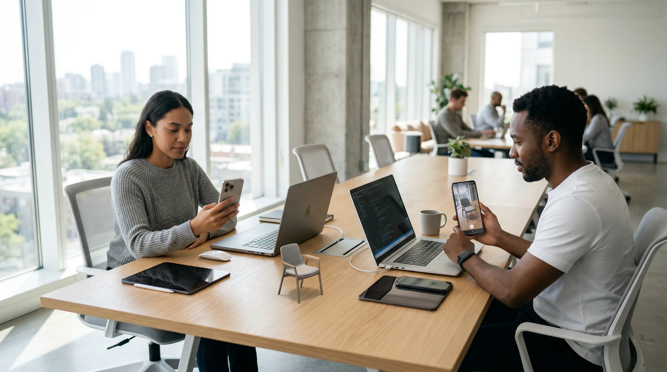 Developers testing ARKit and ARCore apps on smartphones in a clean modern workspace.
