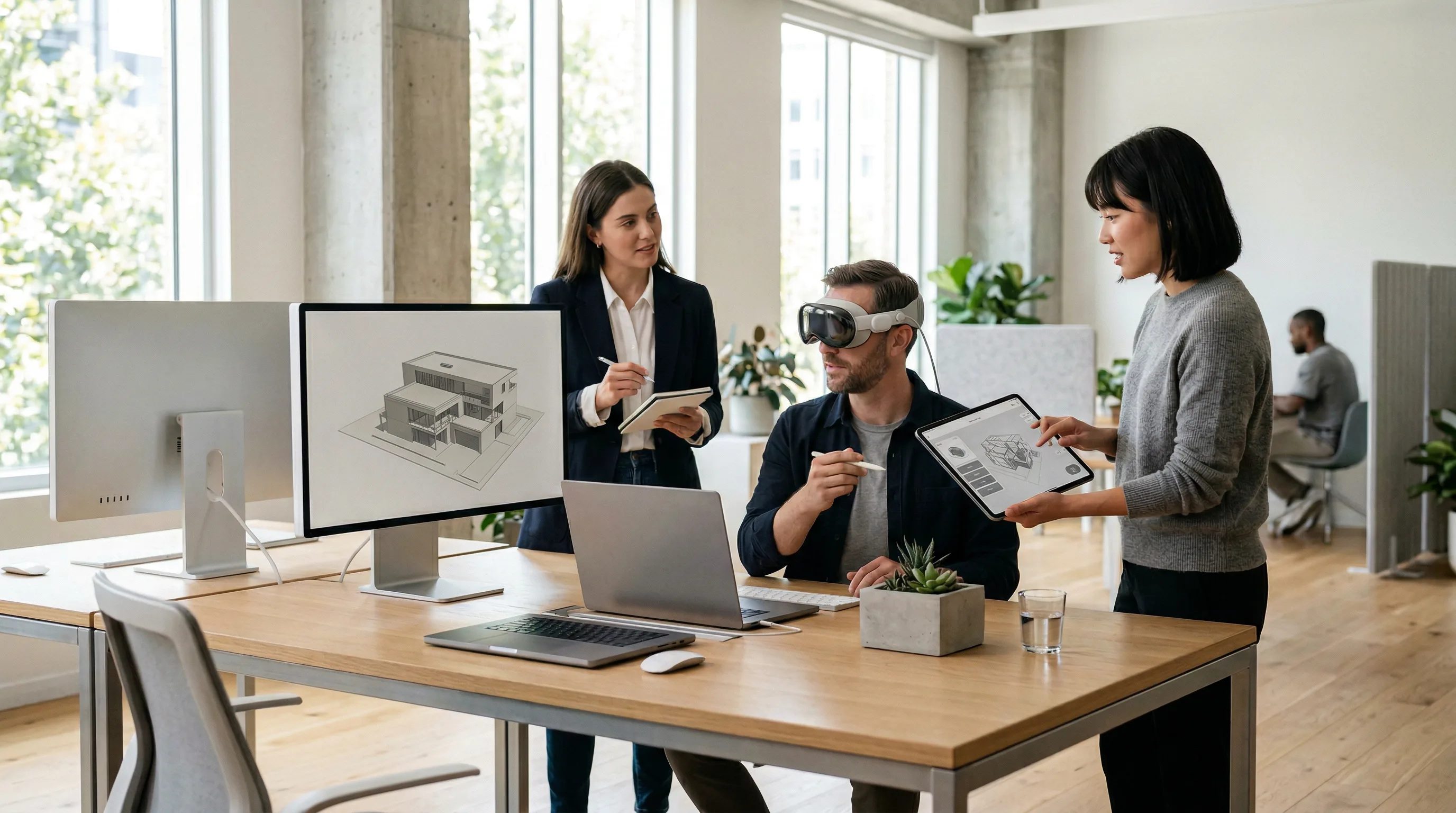Developers testing augmented reality apps on tablets and AR headsets in a bright modern office.