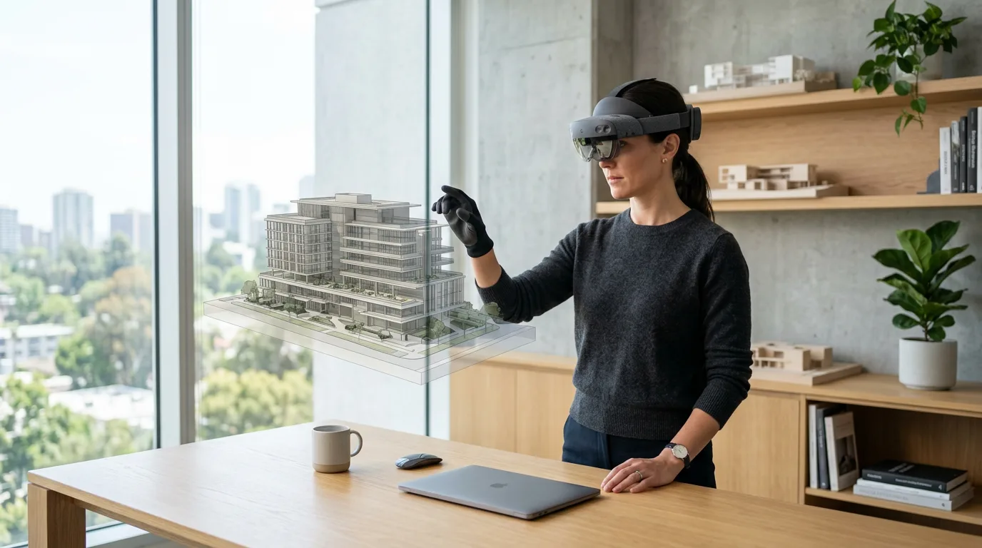 An engineer in a modern office uses a mixed reality headset to interact with a floating 3D architectural hologram.