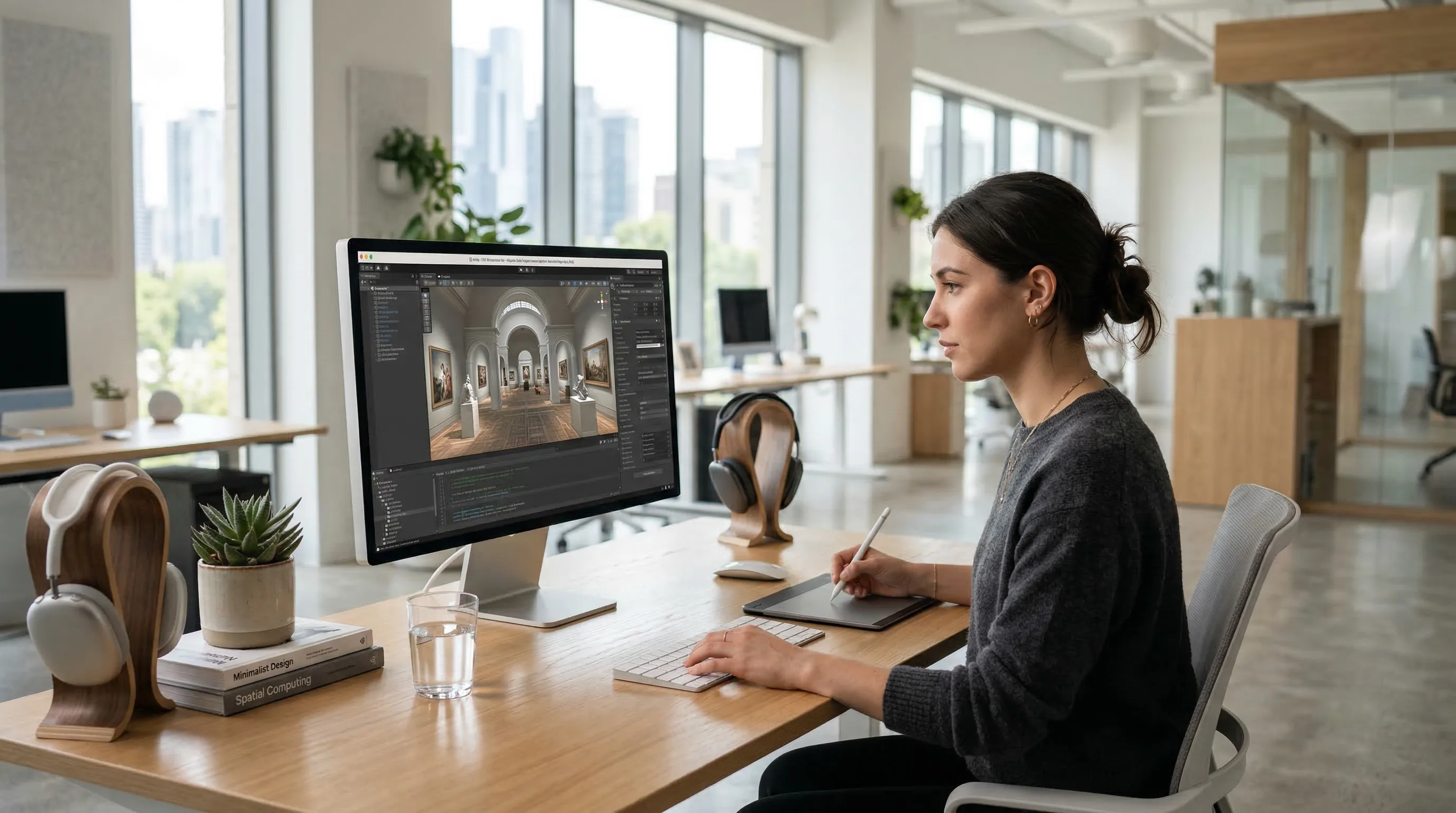 Designer works at minimalist desk creating a 3D virtual museum scene on a computer monitor.