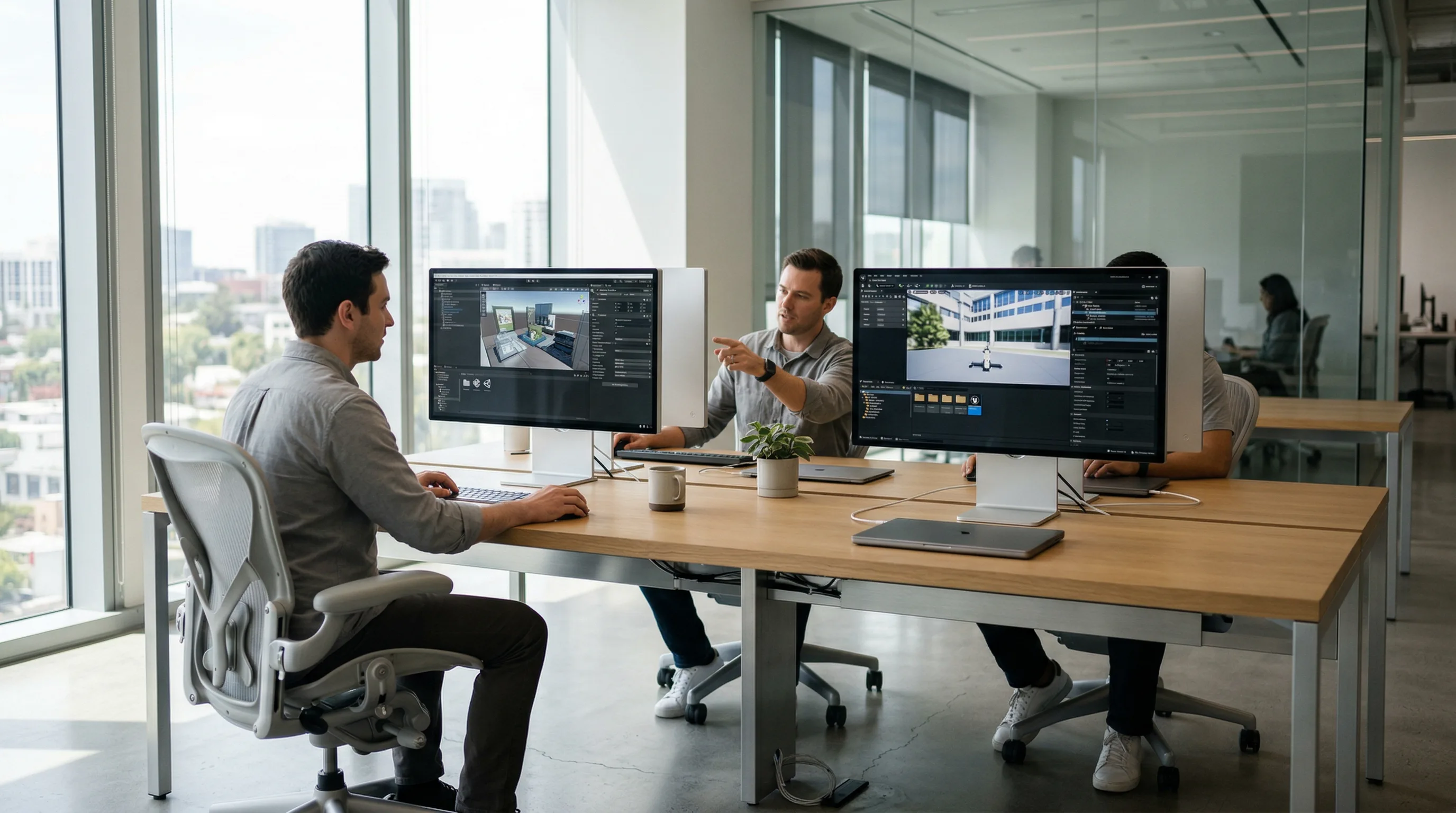 Developers fine-tuning augmented reality scenes in Unity and Unreal Engine on sleek monitors.