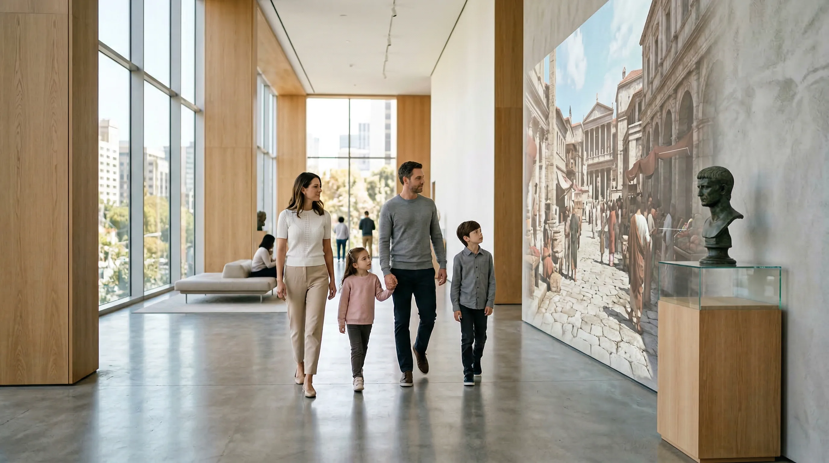 Family walks through gallery where projection mapping and AR bring history to life on the walls.