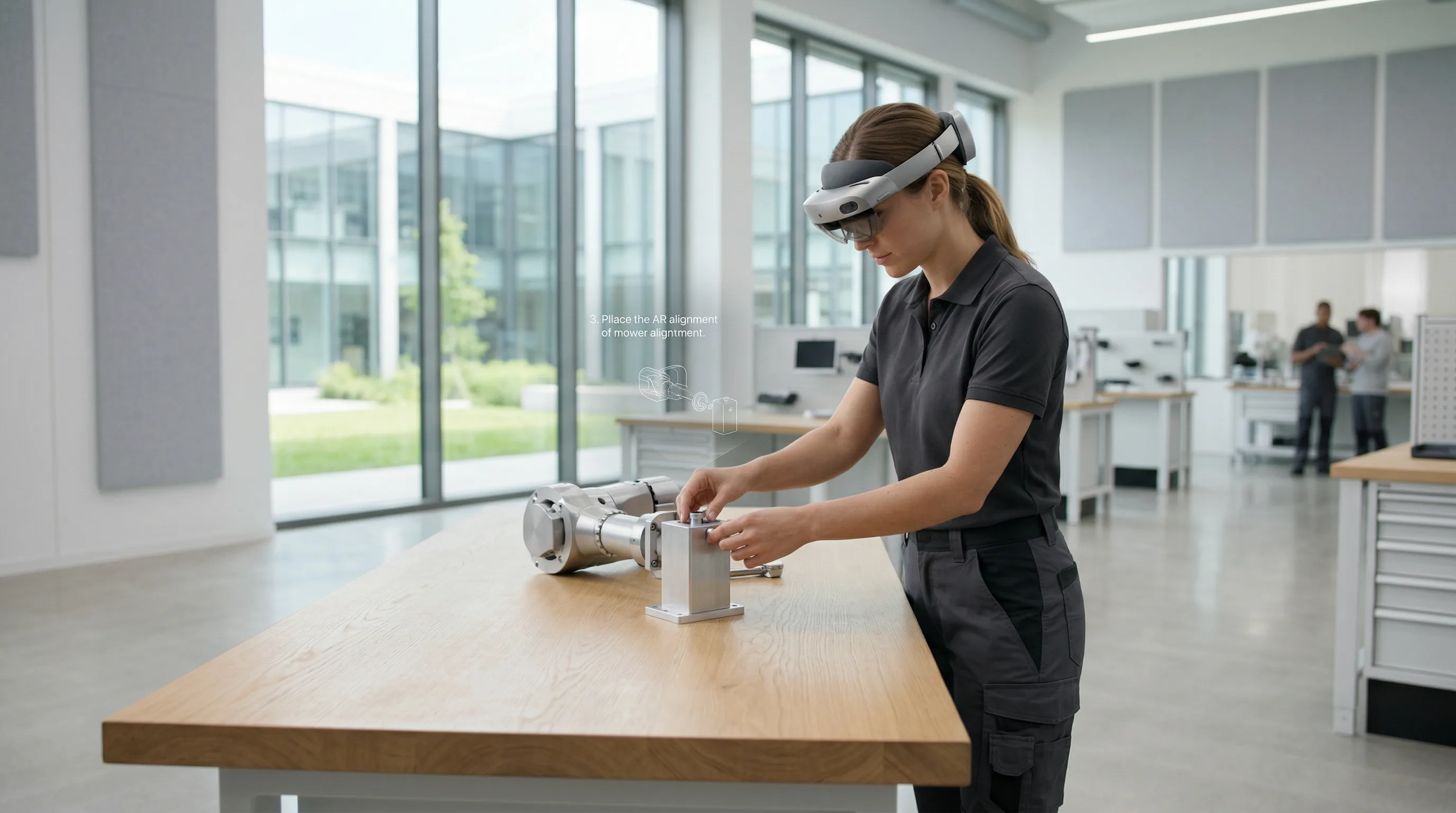 Engineer wearing an AR headset following assembly instructions on a clean factory workstation.