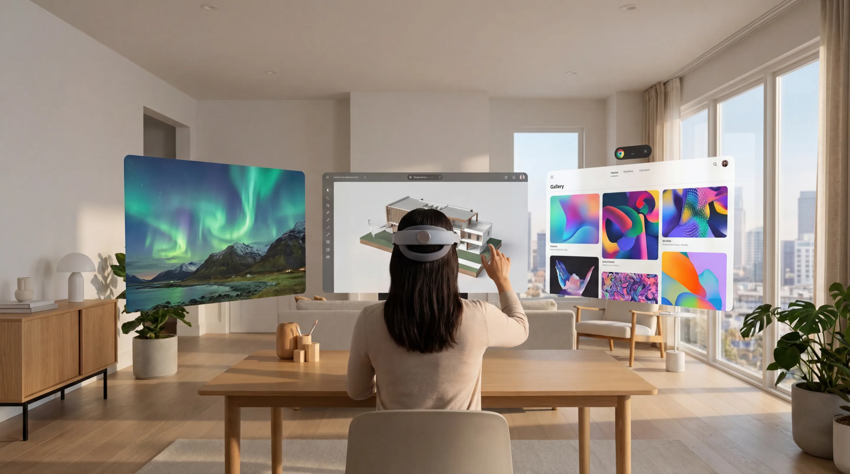Person using a mixed reality headset to interact with floating spatial computing interfaces and 3D models in a modern living room workspace.