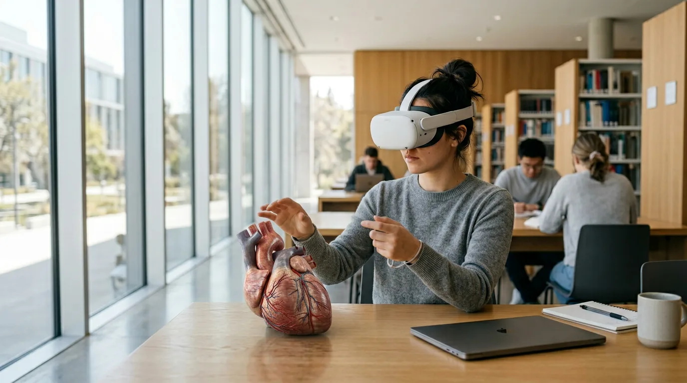 A medical student sits in a modern library, using a VR headset to closely examine a detailed 3D model of a human heart.