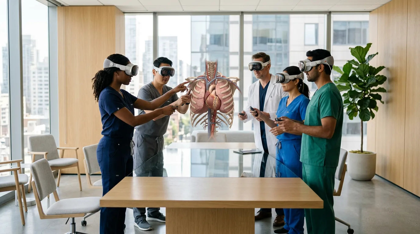 A diverse team of doctors collaborates in a meeting room, each wearing a VR headset to view a shared 3D anatomical model.