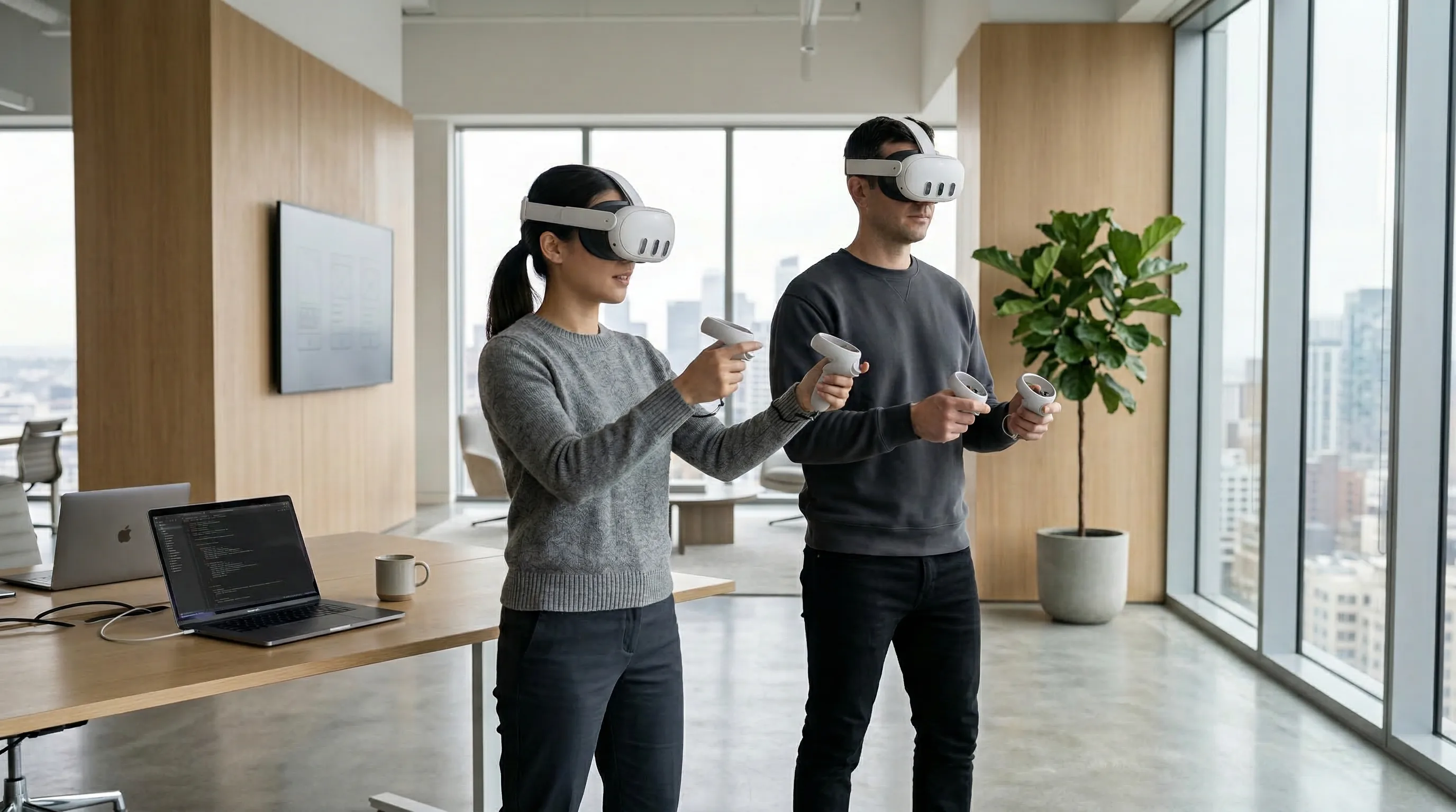 Two developers wearing Meta Quest 3 headsets collaborate in a professional VR training application built with Unity.<br />
Title: Collaborative VR Development with Meta Quest 3 and Unity