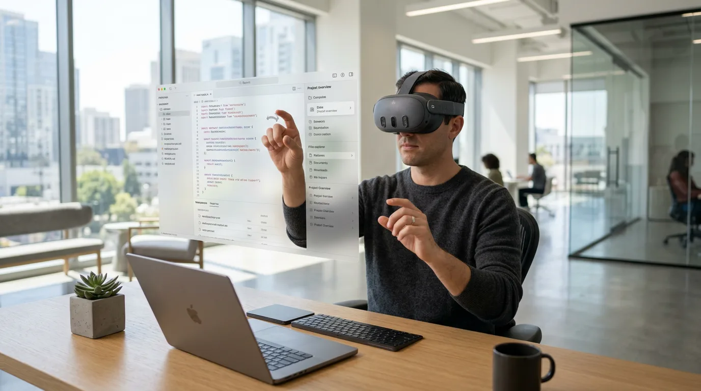 A person wearing a Meta Quest headset uses controller-free hand tracking to interact with a virtual user interface.