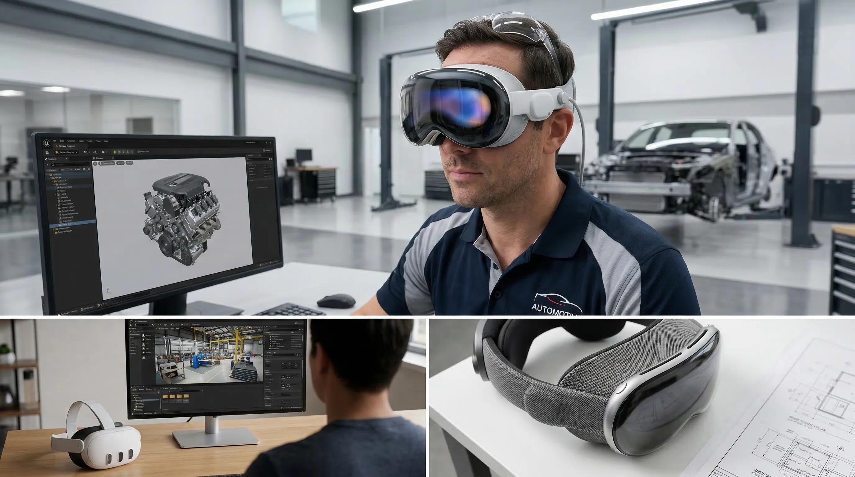 Automotive engineer wearing an Apple Vision Pro, working in a modern workshop with a CAD station.