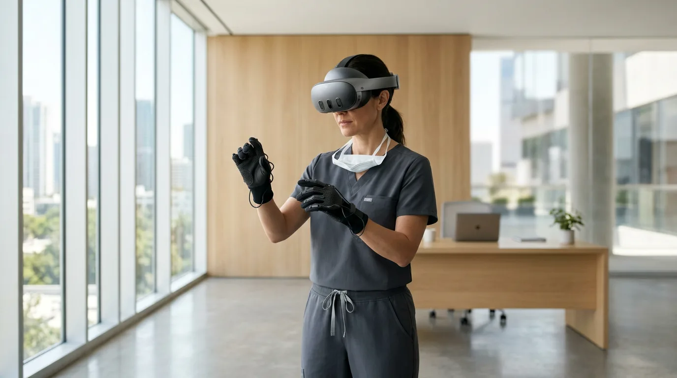 A surgeon wearing a VR headset and haptic gloves practices a complex surgical procedure in a realistic virtual simulation.