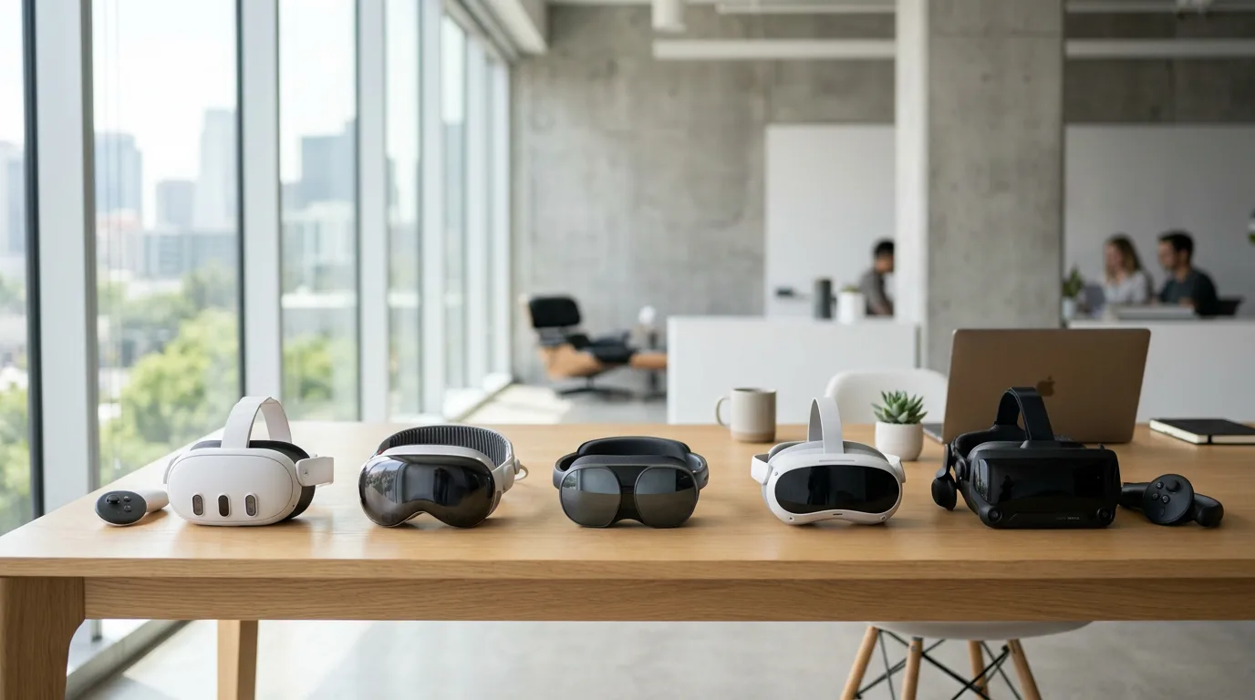 Several leading real-world VR headsets for enterprise use are neatly arranged on a modern light oak desk.