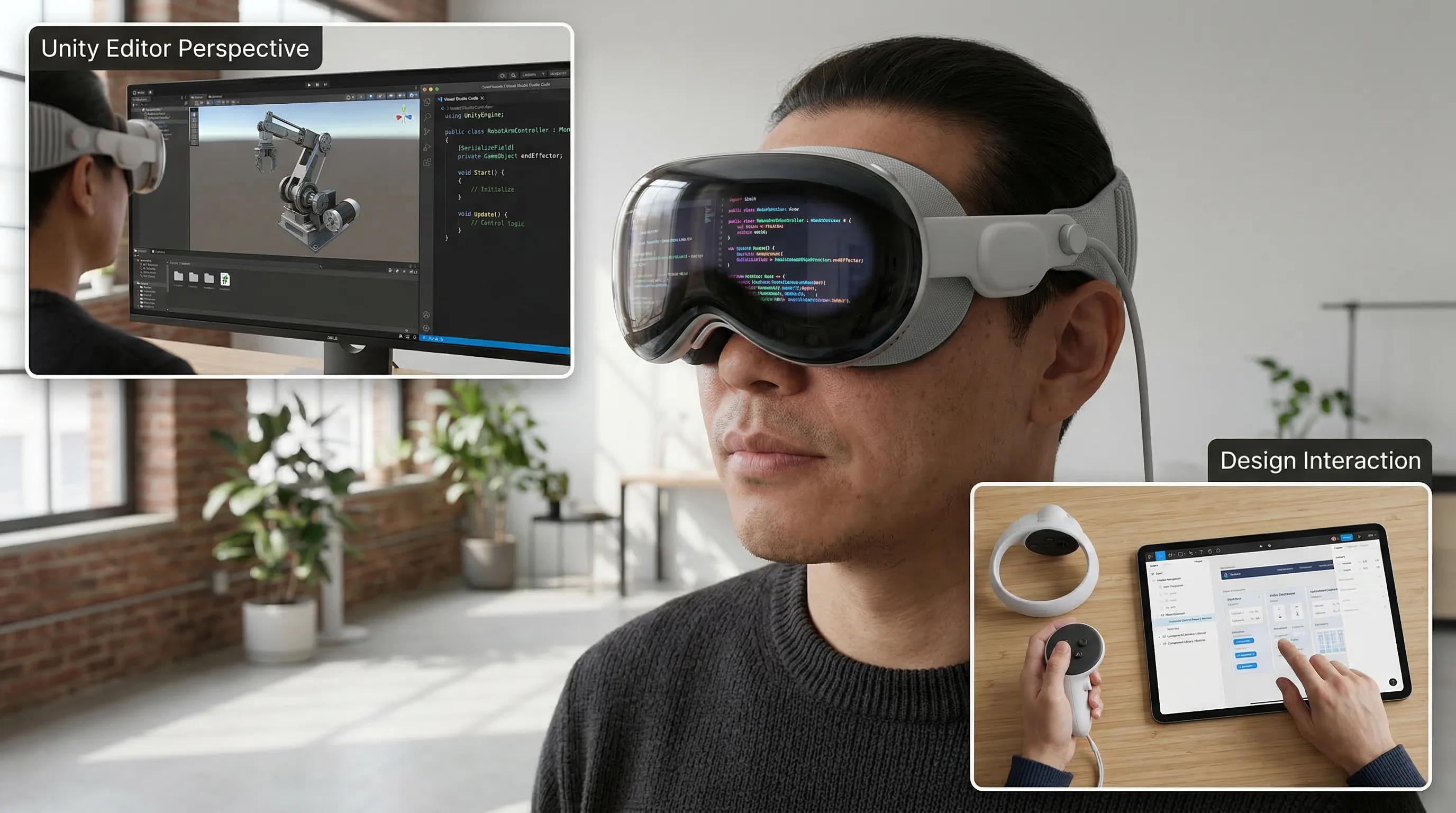 Close-up of the Unity editor on a 4K monitor displaying a detailed 3D user interface model with legible inspector panels.