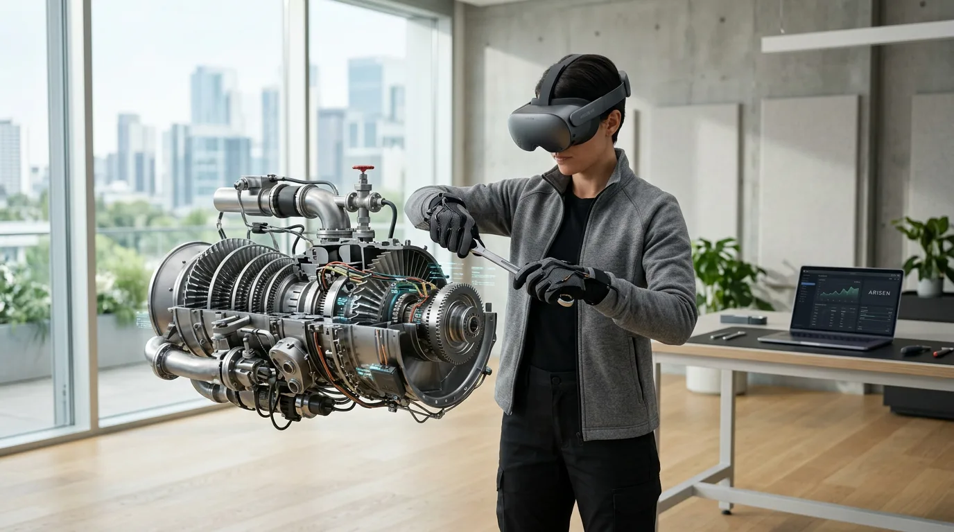 An engineer wearing a VR headset and haptic gloves practices maintenance on a virtual replica of industrial machinery.