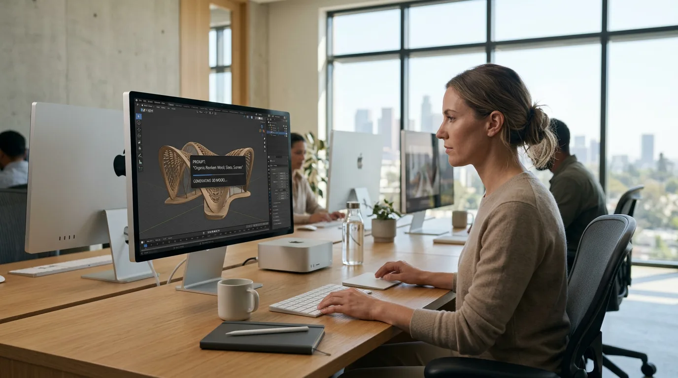 A designer’s computer screen shows an AI tool generating a complex 3D model from a simple text prompt.