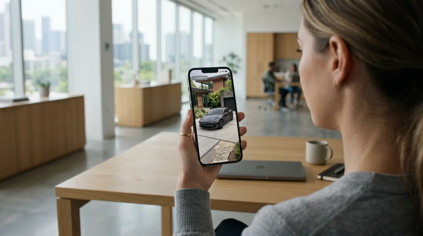 Close-up of a smartphone displaying a photorealistic 3D model of a car in a driveway using augmented reality.