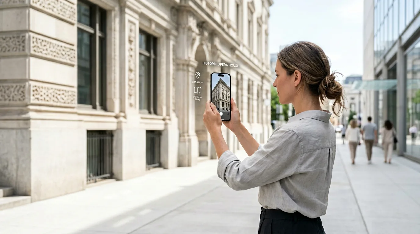 A tourist uses their smartphone’s augmented reality feature to get information about a historic building.