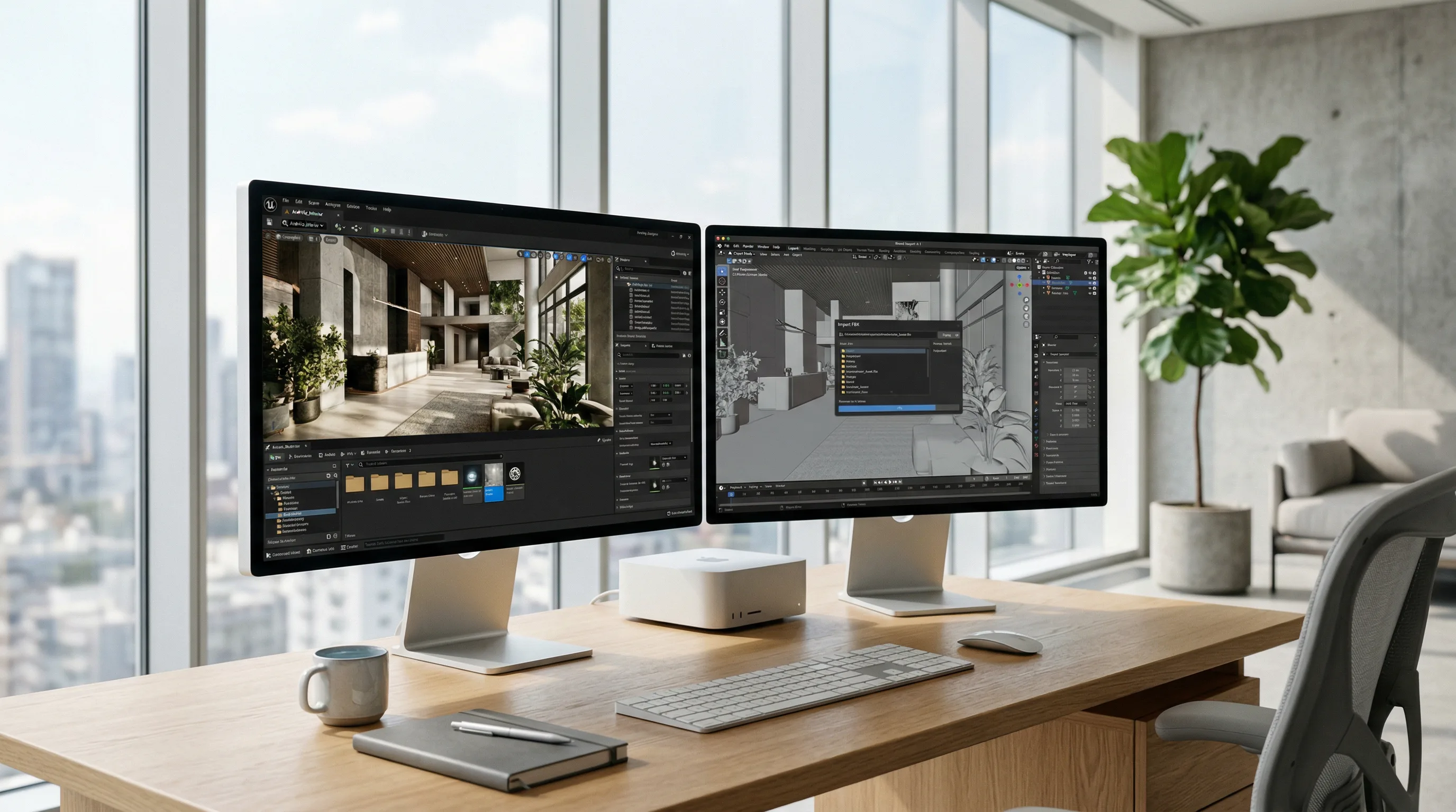 Dual-monitor setup showing Blender and Unreal Engine side by side importing 3D assets