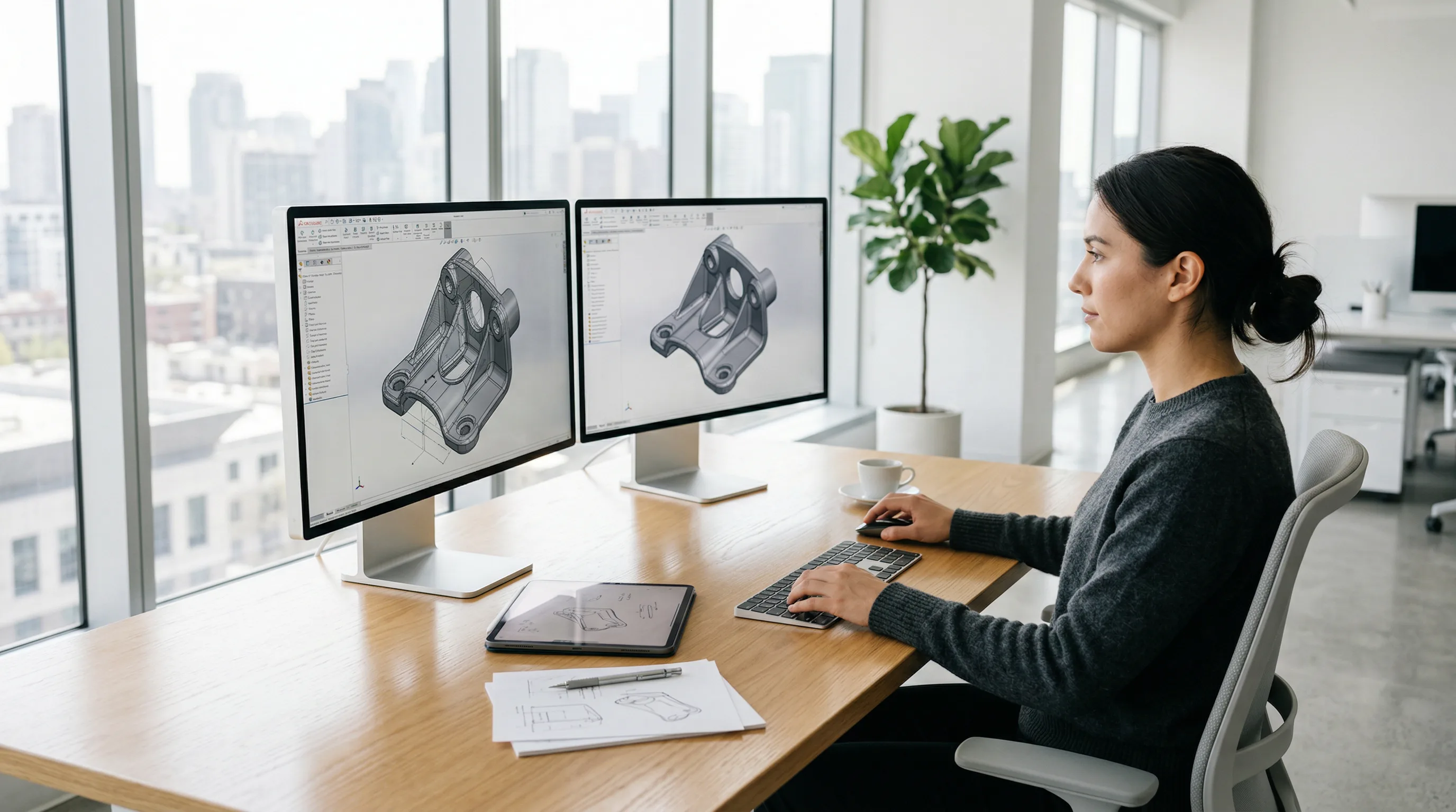 Designer sculpting 3D model on dual monitors in minimalist bright office with sketches nearby
