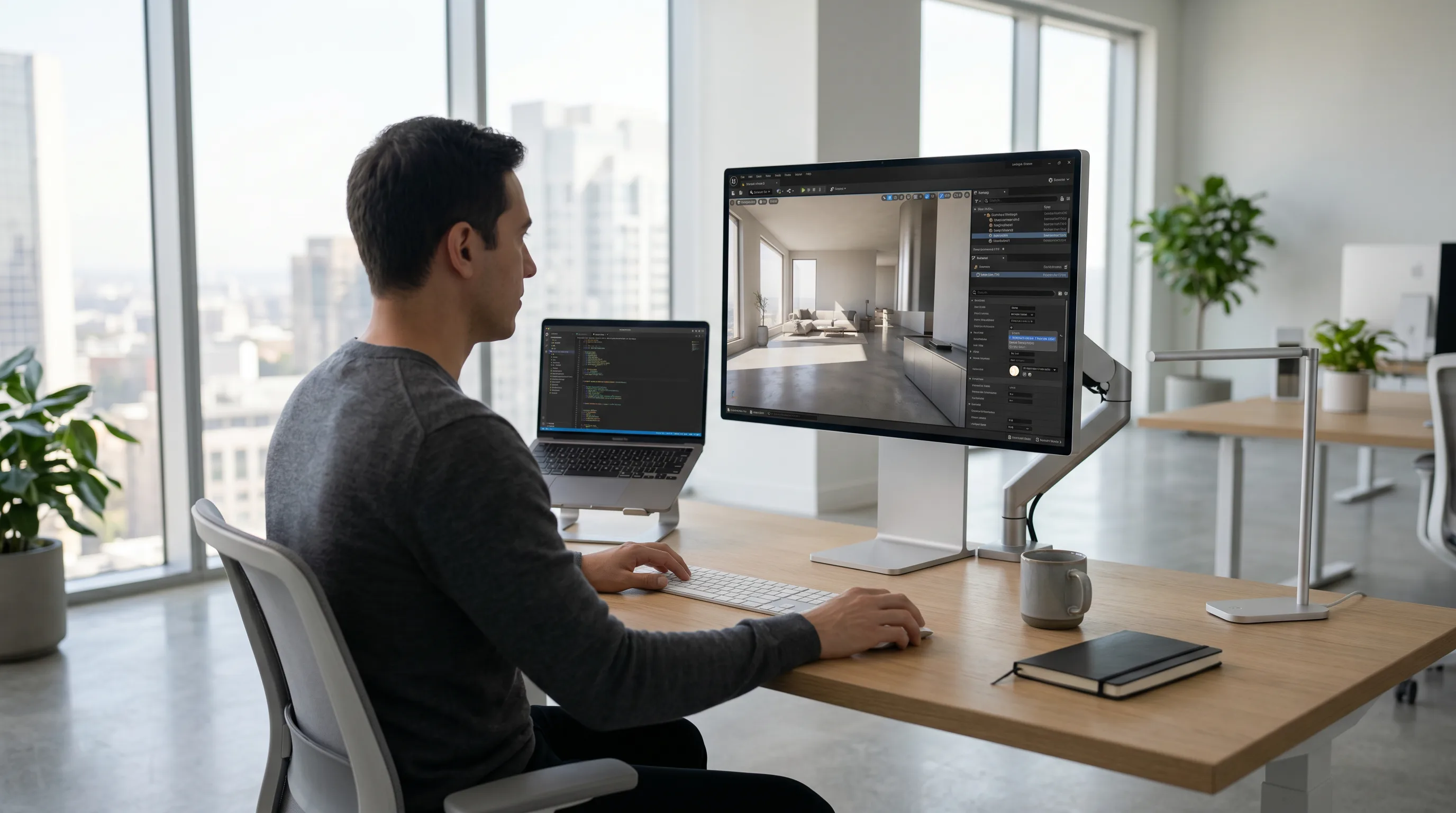 Developer fine-tuning lighting and materials in Unreal Engine viewport with realistic Lumen reflections