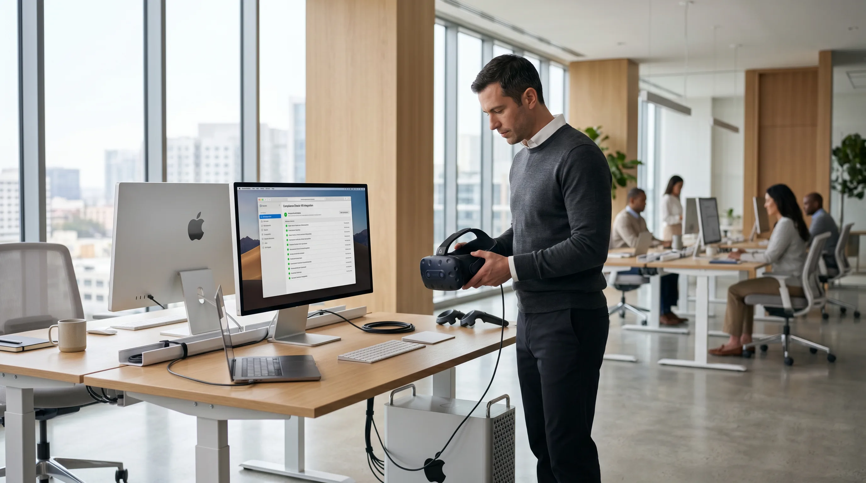 Hospital IT specialist setting up VR hardware in bright modern office.