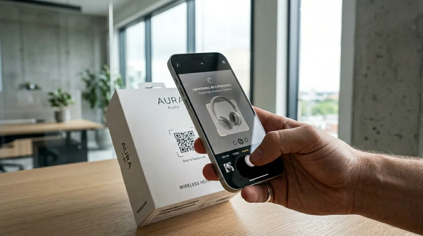 A smartphone scanning a QR code on product packaging to launch an interactive web-based augmented reality experience.