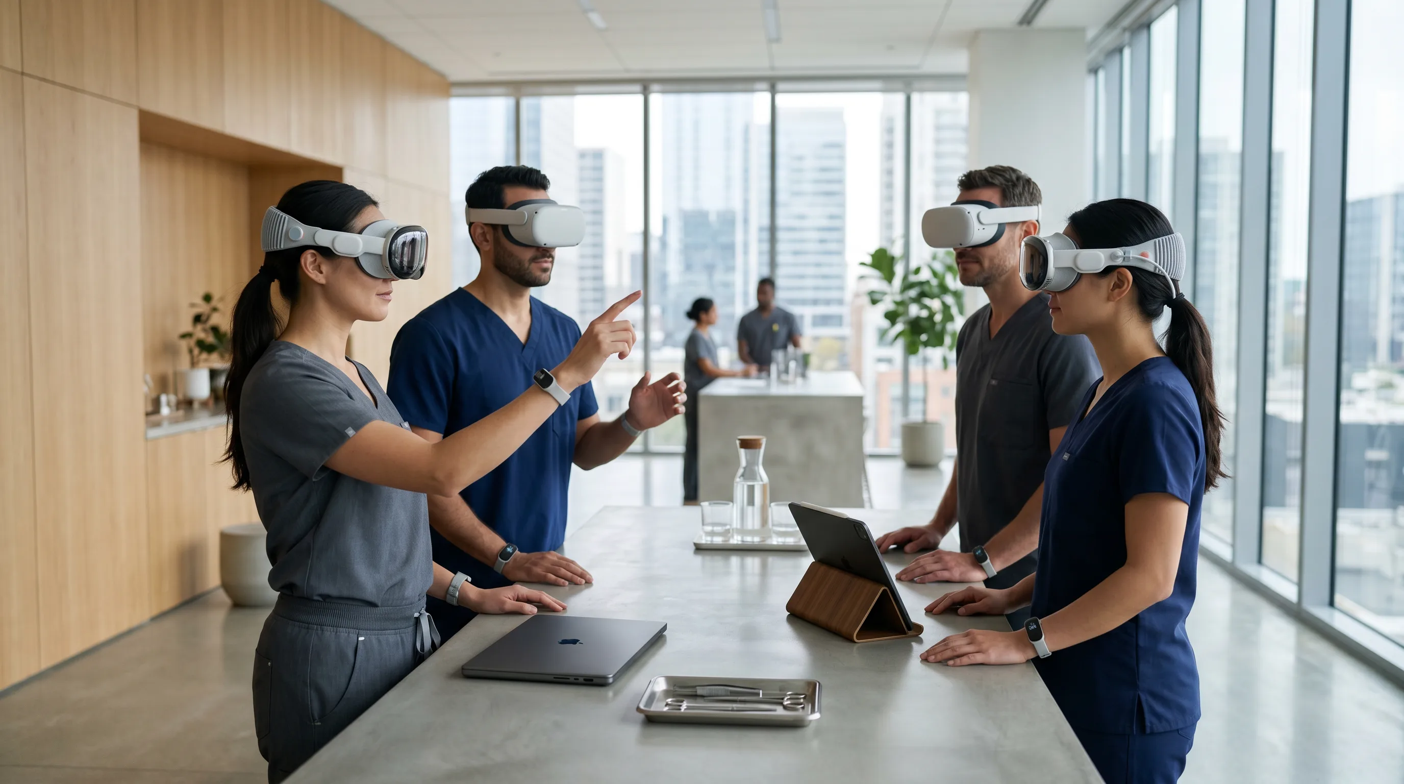 Healthcare professionals using VR headsets in emergency response simulation.