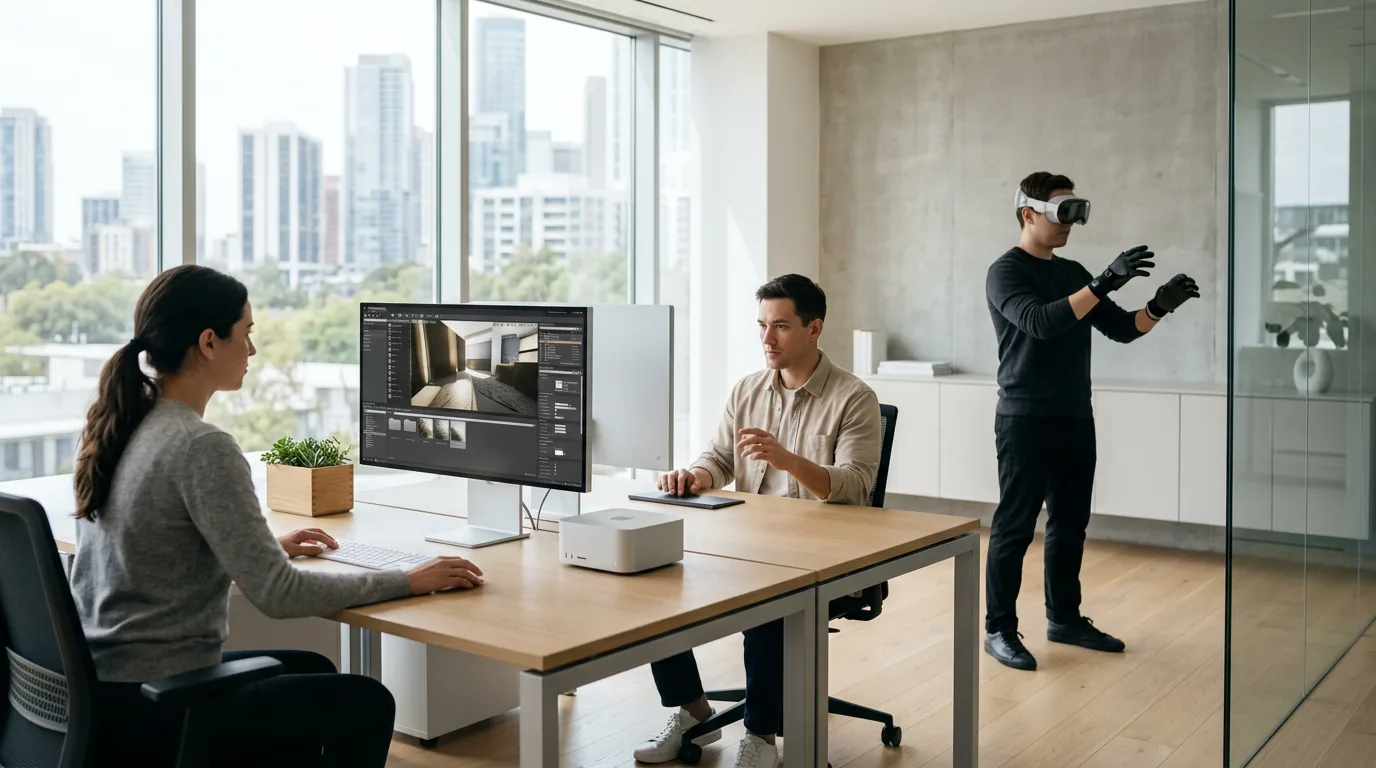 Game designers adjusting lighting and textures as a tester plays with haptic gloves in a sleek office.