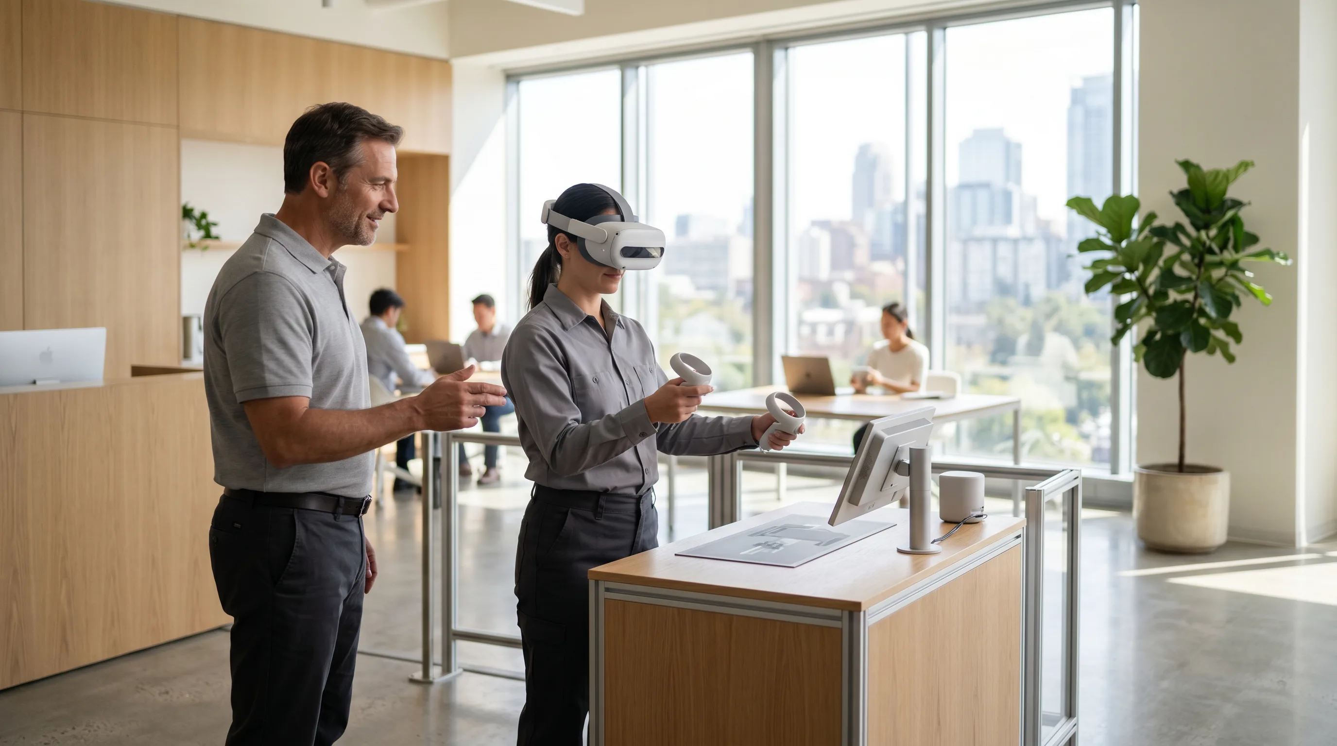 Instructor guiding worker using VR headset for manufacturing safety training