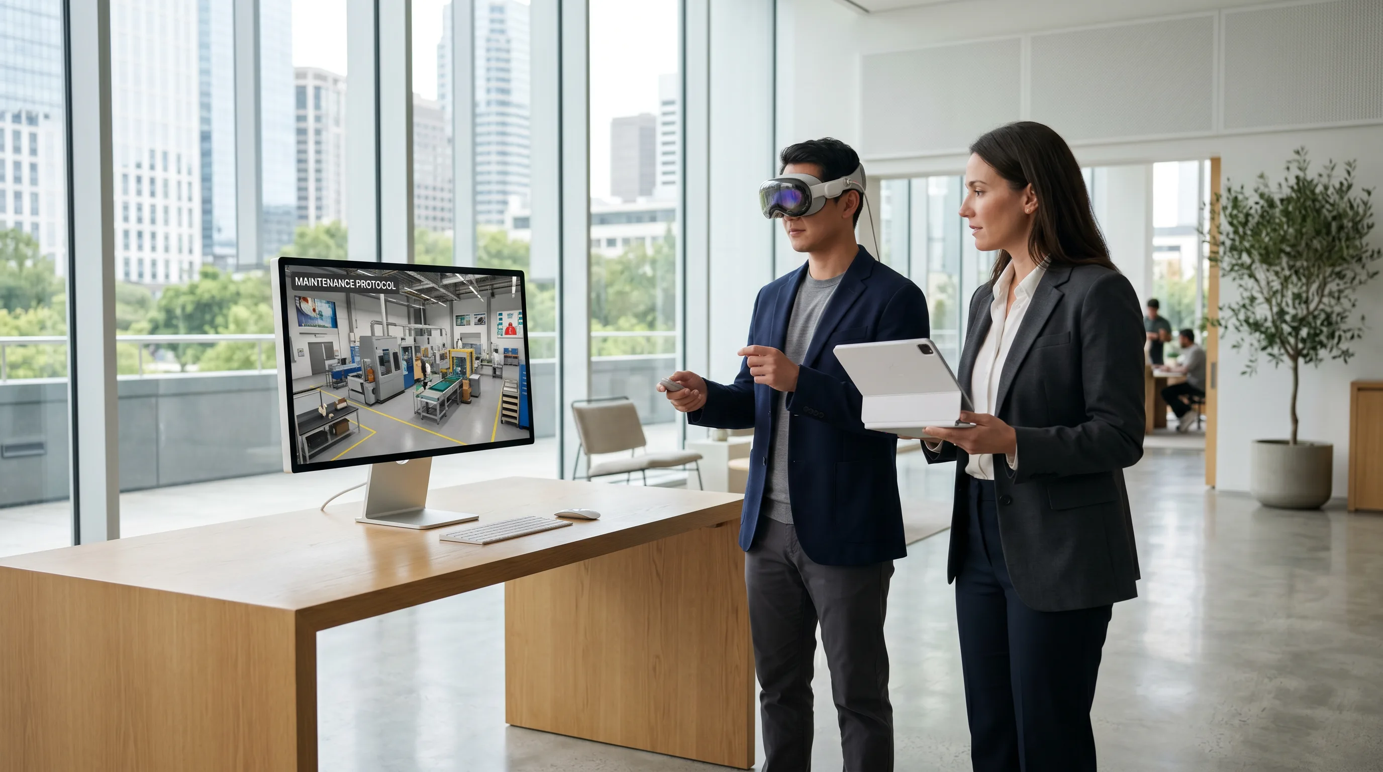 Trainer guiding employee using VR headset in bright modern office with natural light