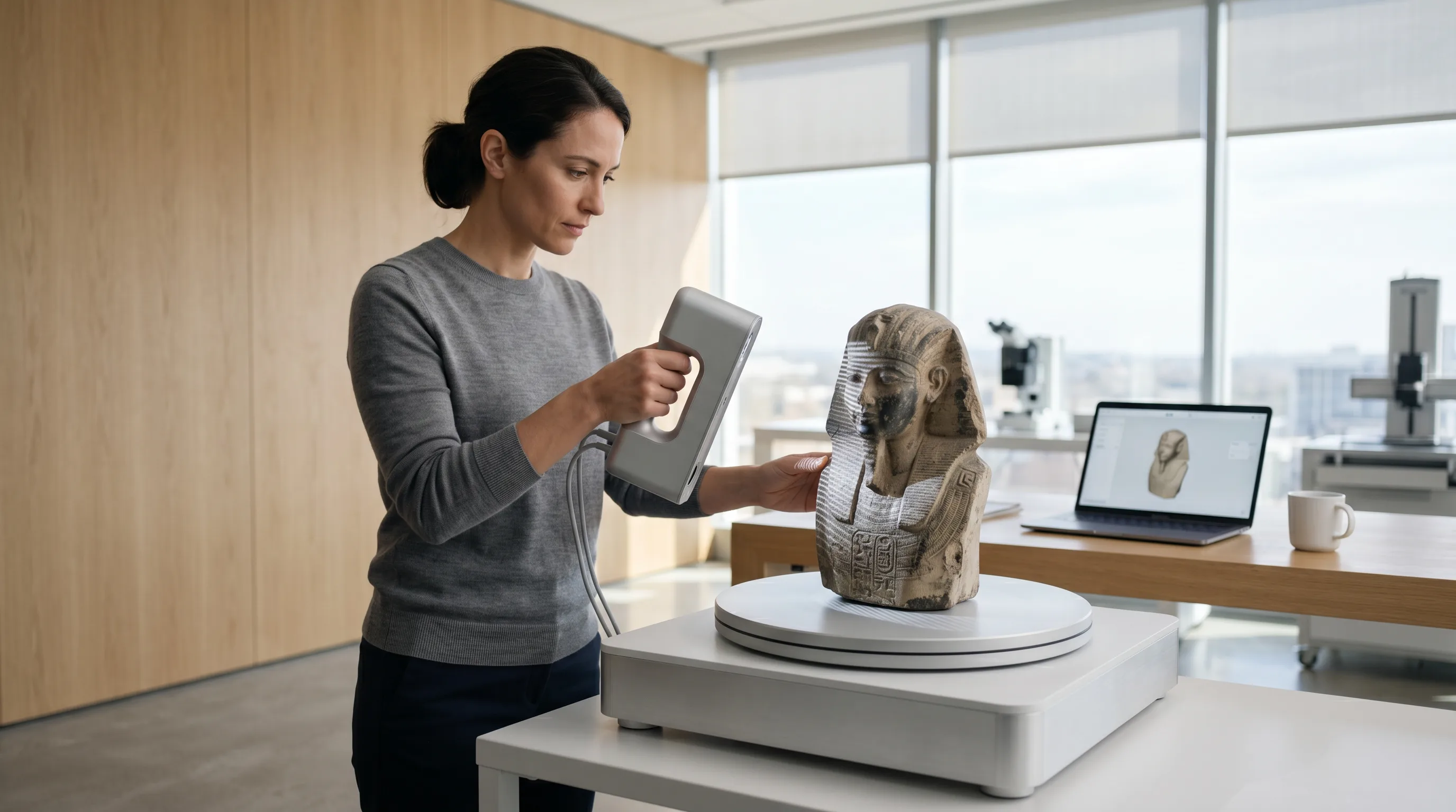 Researcher scanning ancient artifact with structured-light 3D scanner in minimalist lab.
