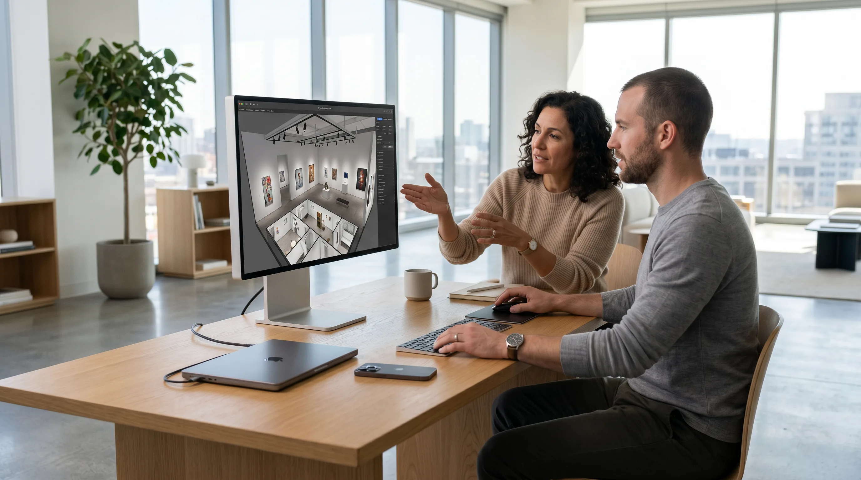 Curator and developer reviewing 3D art gallery model on computer in bright modern office.