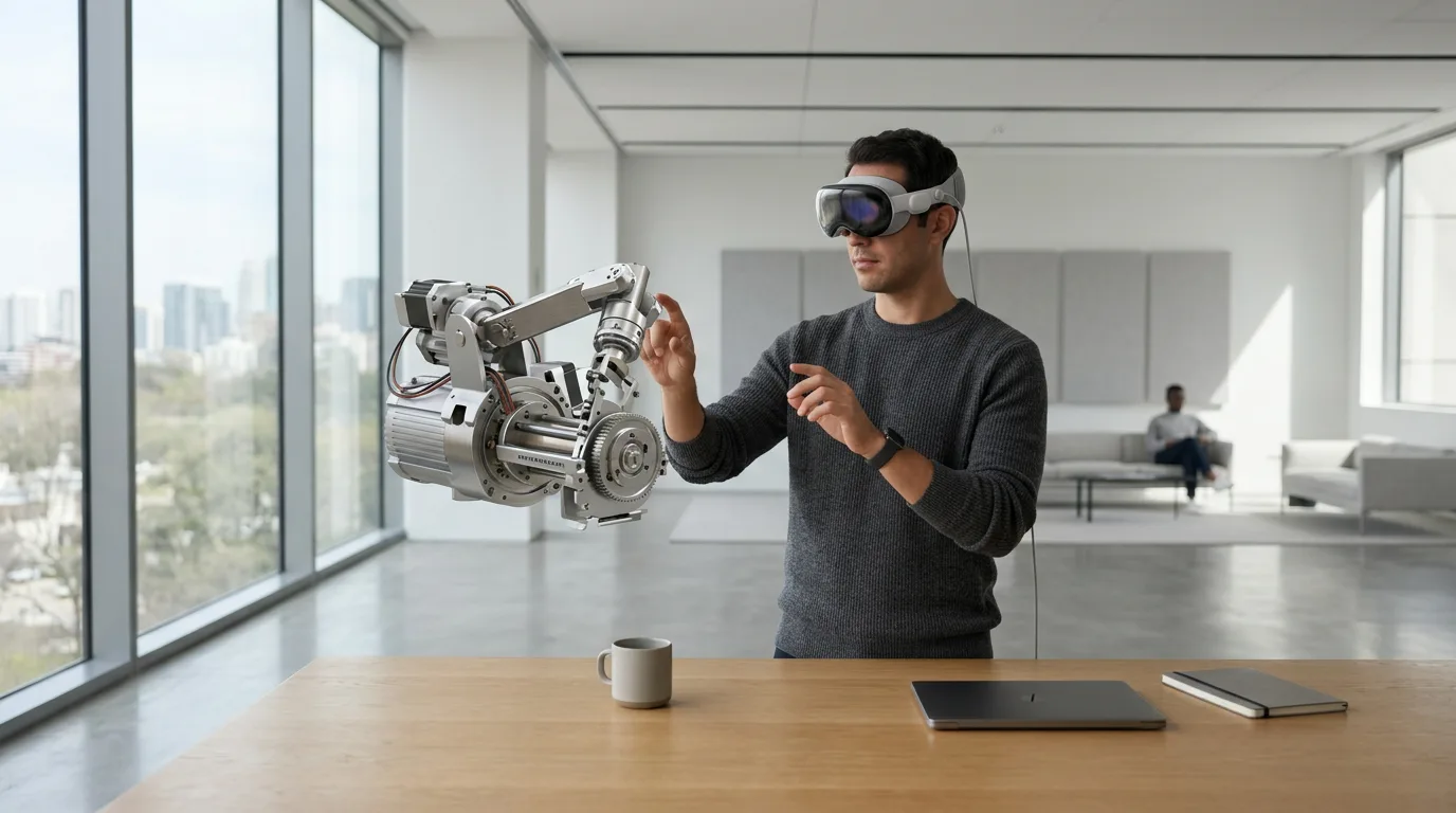 Developer wearing AR headset interacts with 3D industrial machinery model in bright minimalist workspace.