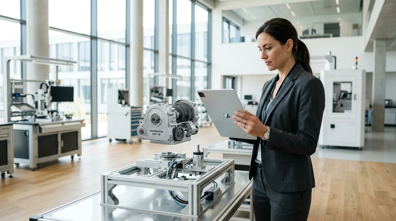 Engineer uses tablet to visualize 3D product model on clean factory floor for AR training.