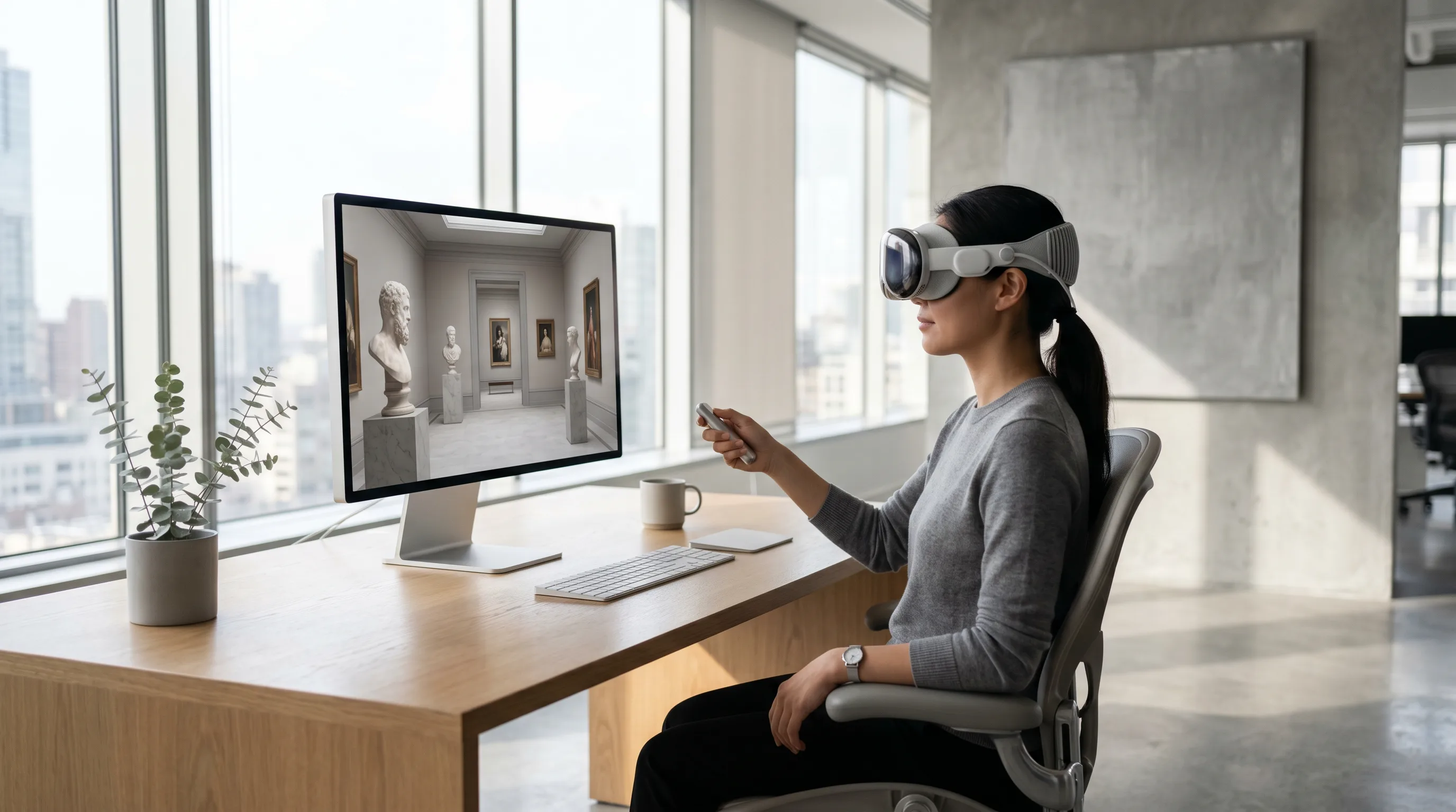 Professional minimalist workspace with person using VR headset to explore virtual museum exhibit.