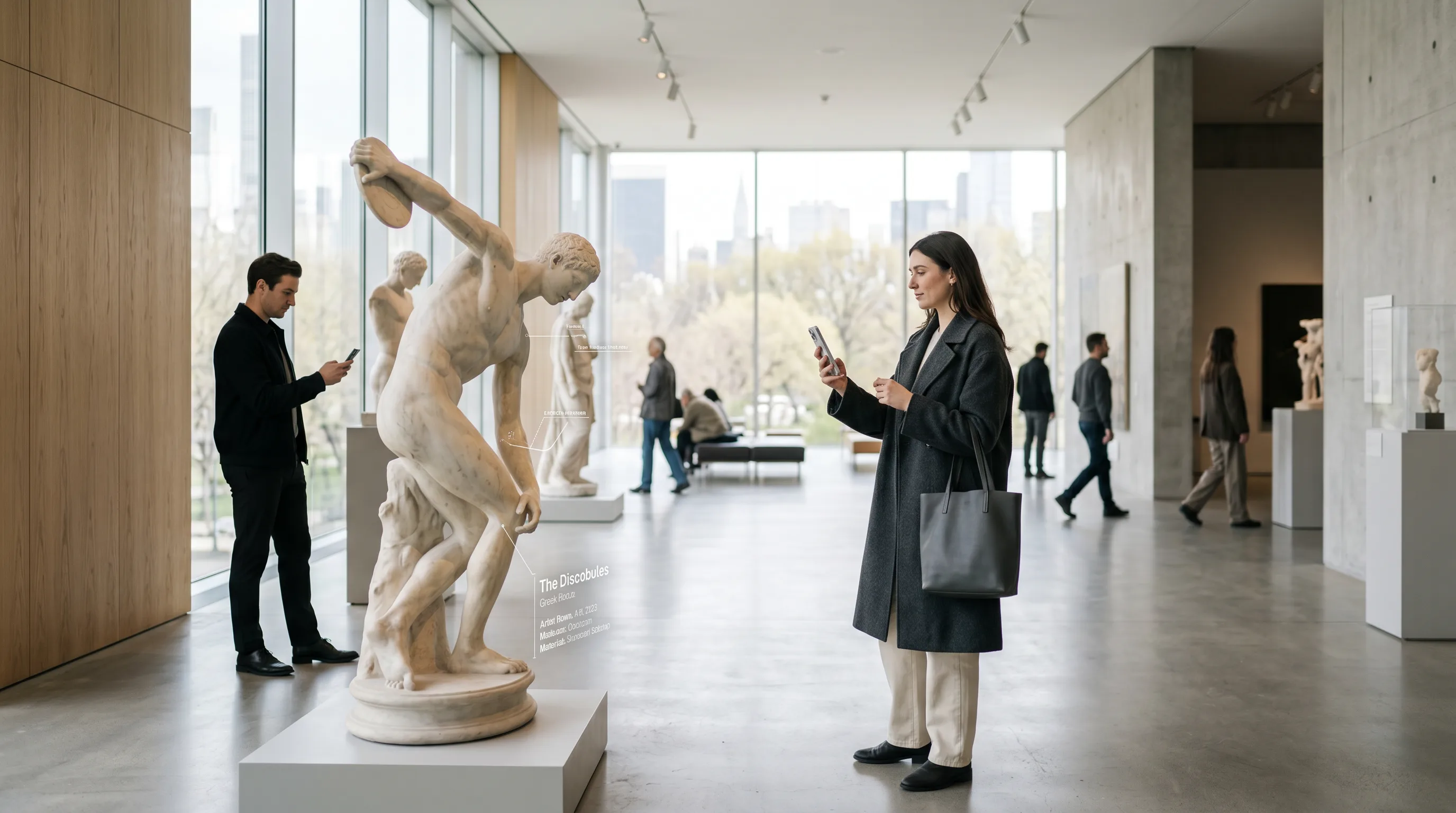 Visitors using smartphones to view subtle AR overlays on classical art in bright modern gallery.