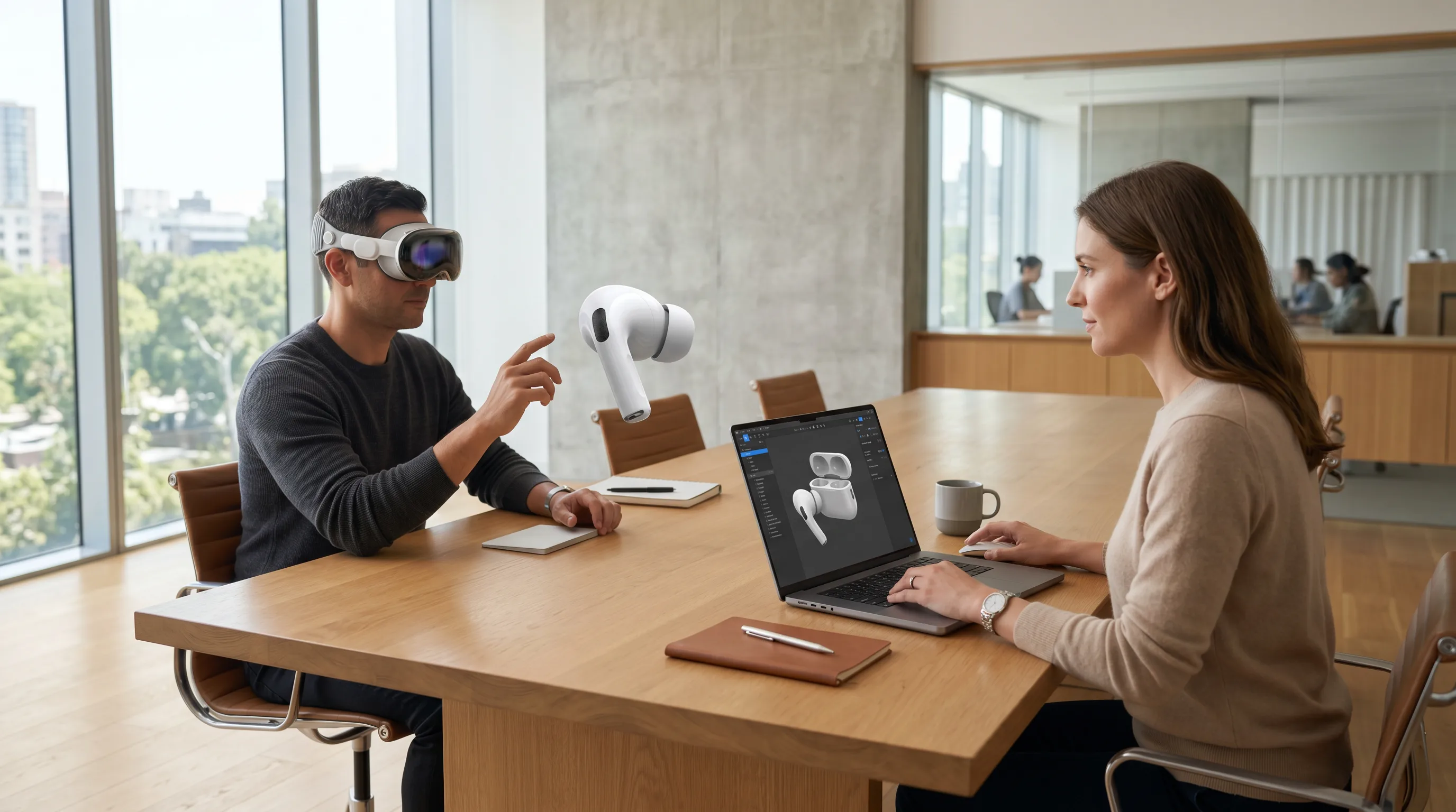 Two designers share 3D model between MacBook Pro and Apple Vision Pro in bright office