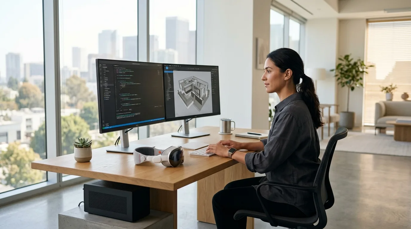 Developer at dual monitors with Vision Pro headset beside keyboard in modern workspace