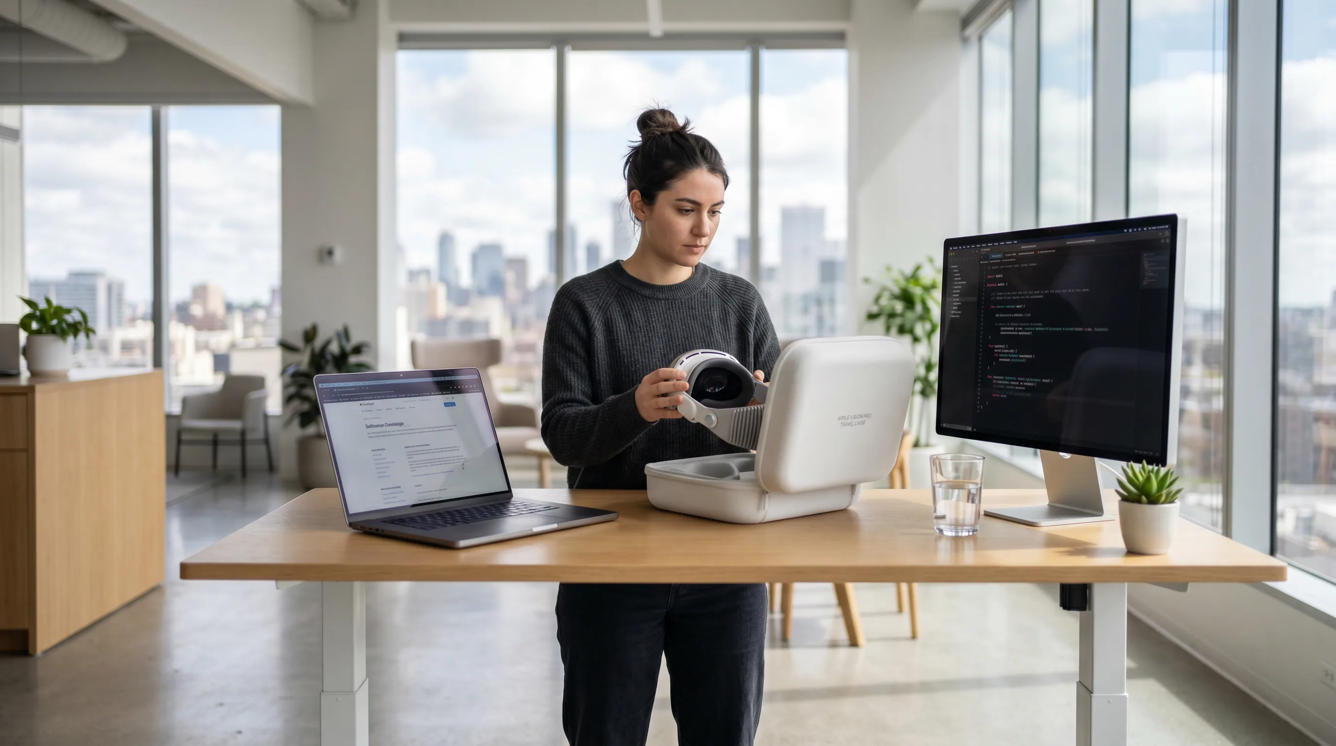 Developer lifting Apple Vision Pro headset from travel case at standing desk