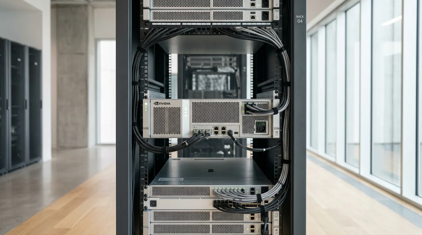 Close-up of GPU server rack with neat cable management in bright data center