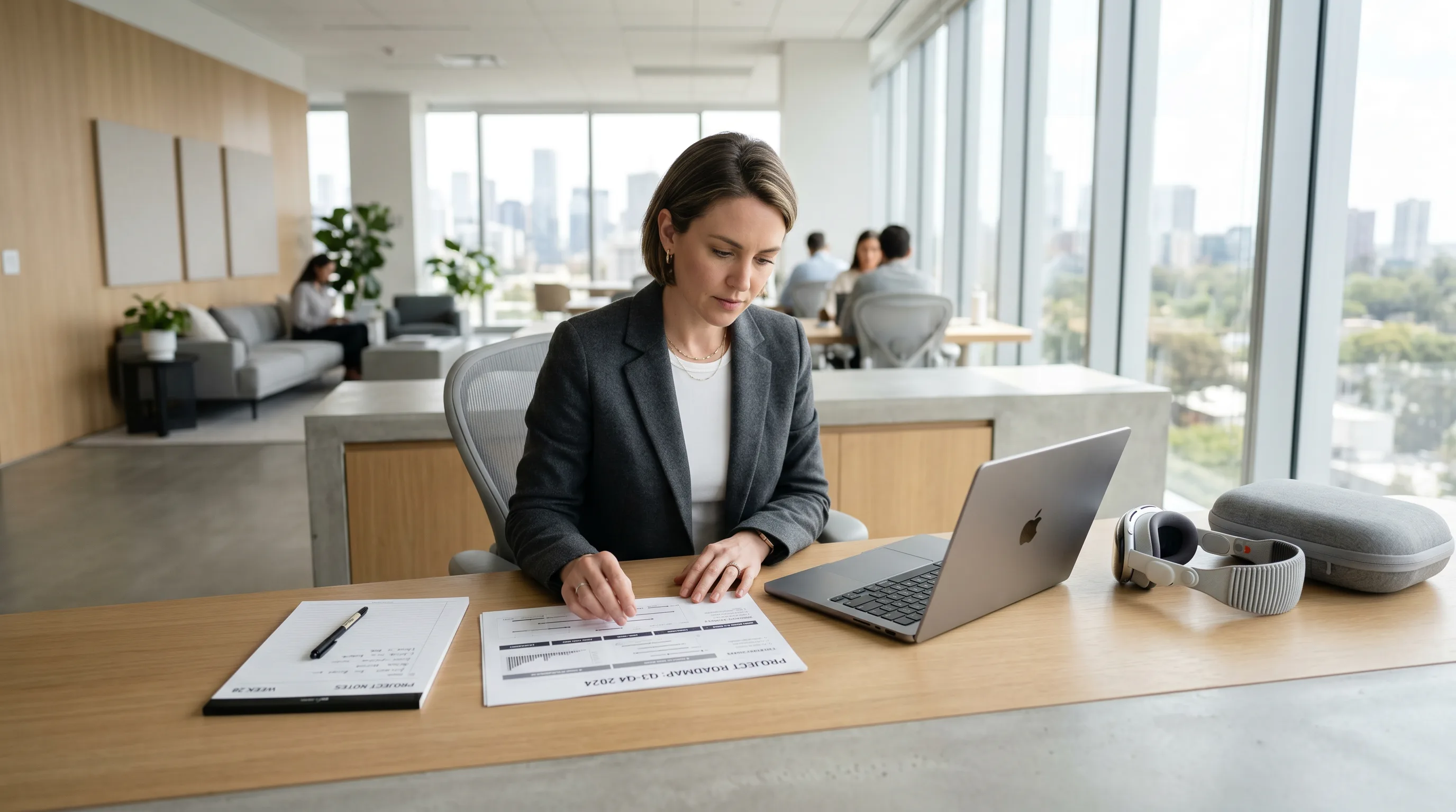 Executive at minimalist desk with MacBook, printed roadmap, and Apple Vision Pro case