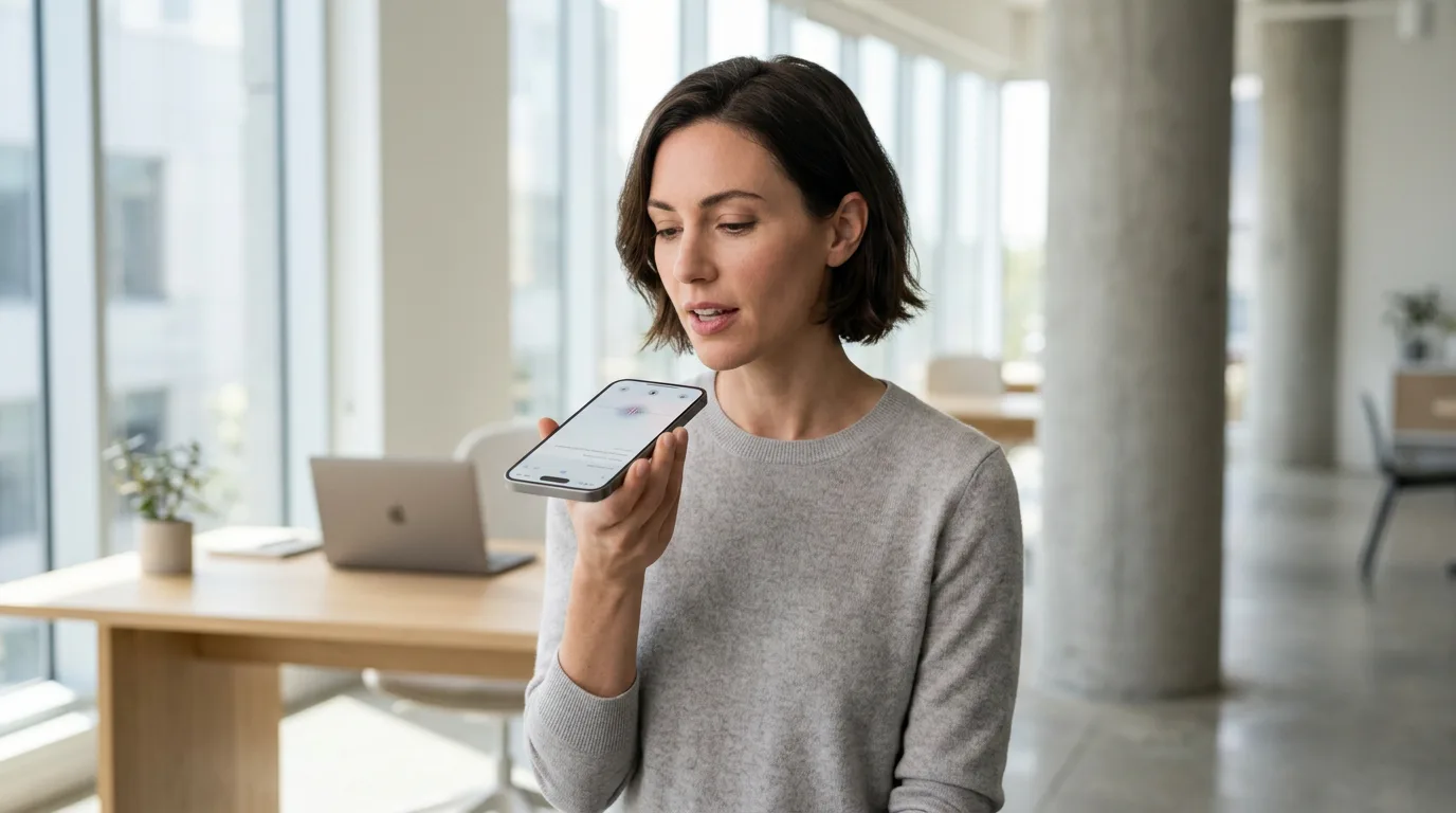 Professional speaking to iPhone showing listening indicator in bright modern office