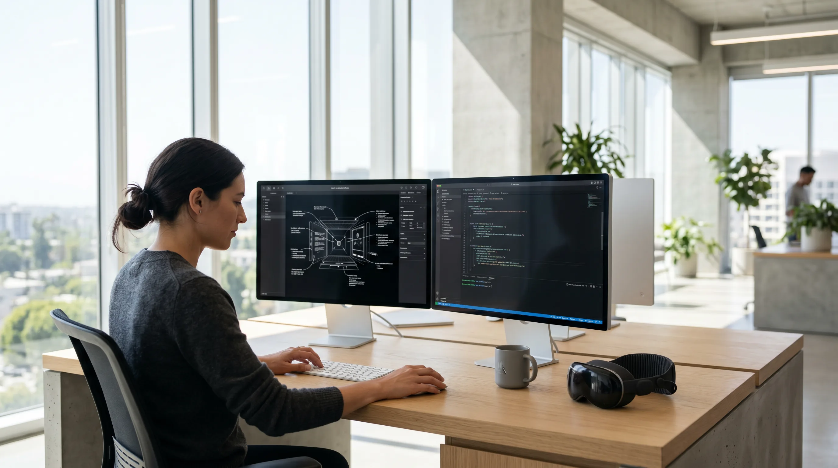 Developer coding and designing 3D spatial UI at dual-monitor setup with XR headset nearby