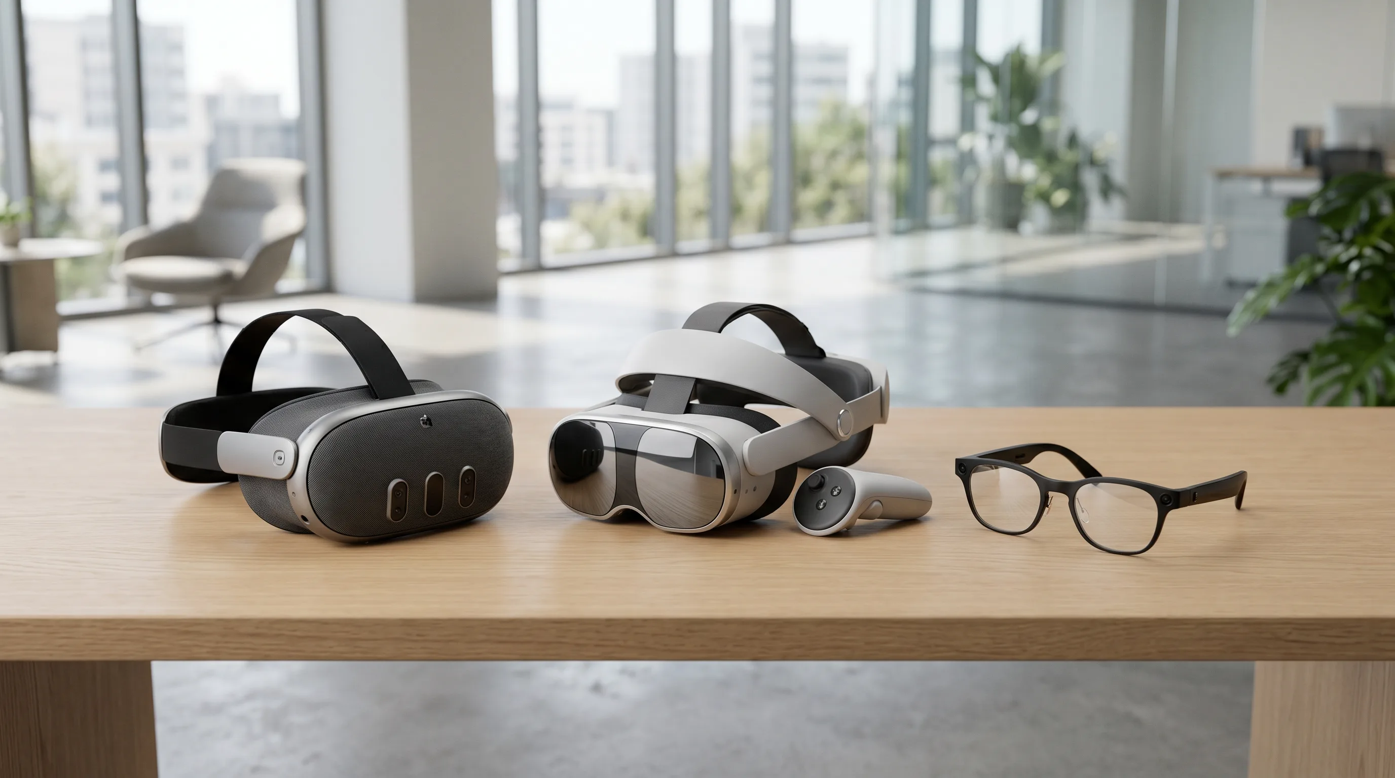 Two mixed-reality headsets and minimalist smart glasses arranged on light oak surface