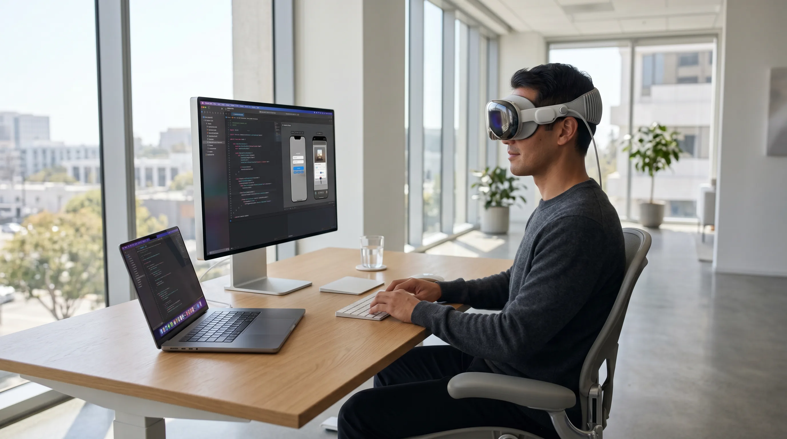 Developer wearing Apple Vision Pro working on visionOS project in bright minimalist office.